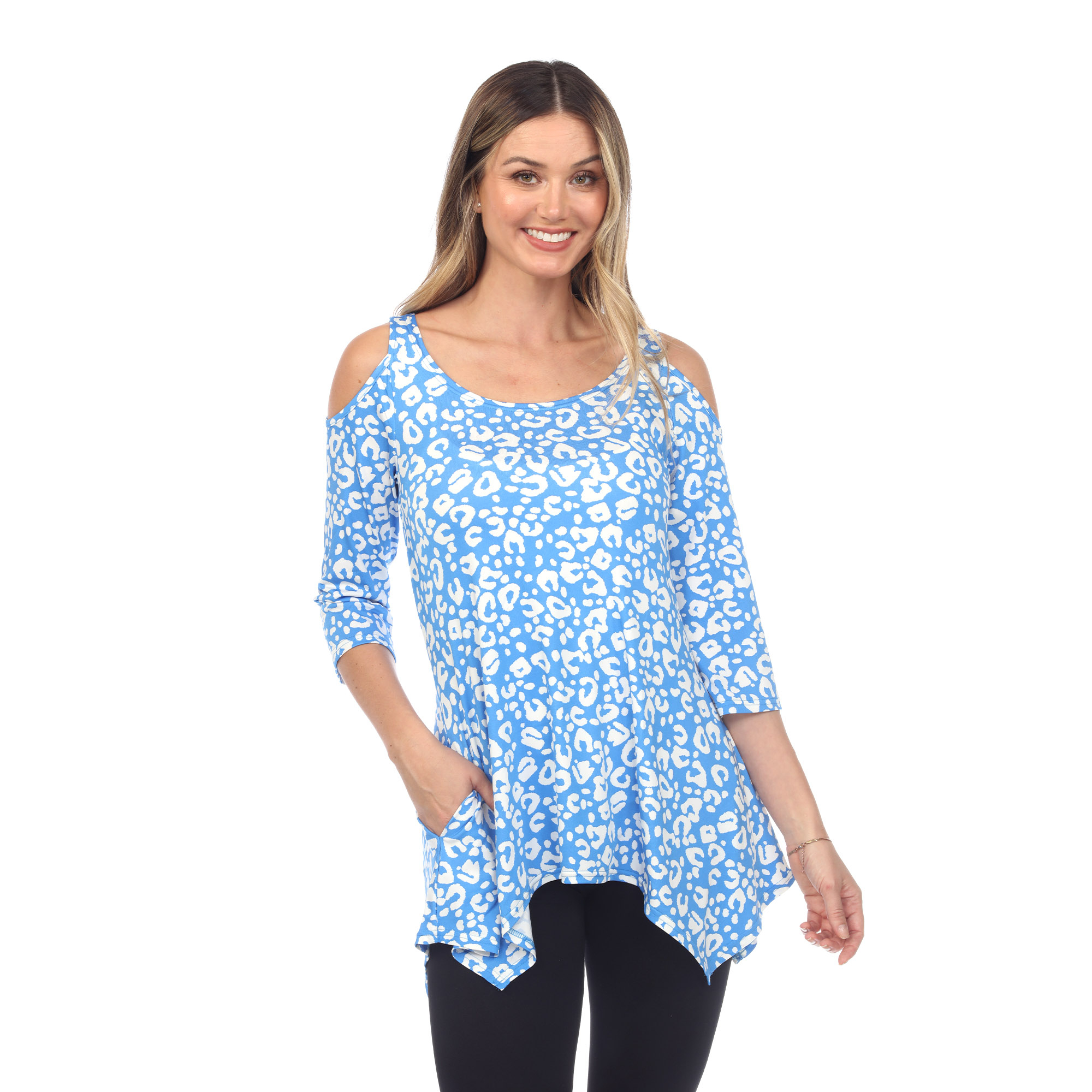 White Mark Women's Leopard Print Cold Shoulder Tunic Top With Pockets - Blue, 1X