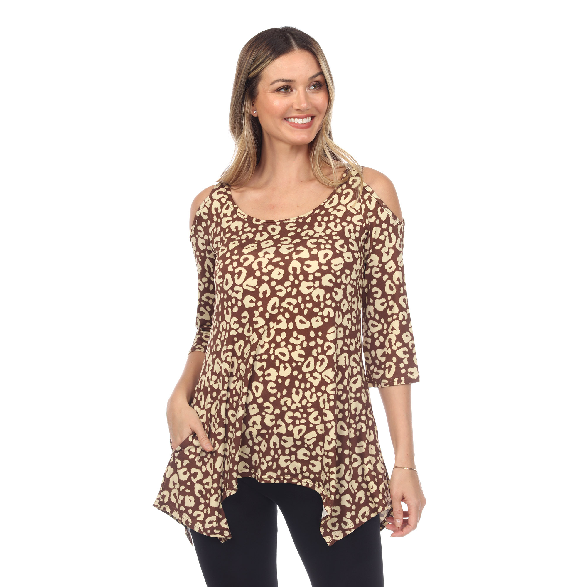 White Mark Women's Leopard Print Cold Shoulder Tunic Top With Pockets - Brown, X-Large