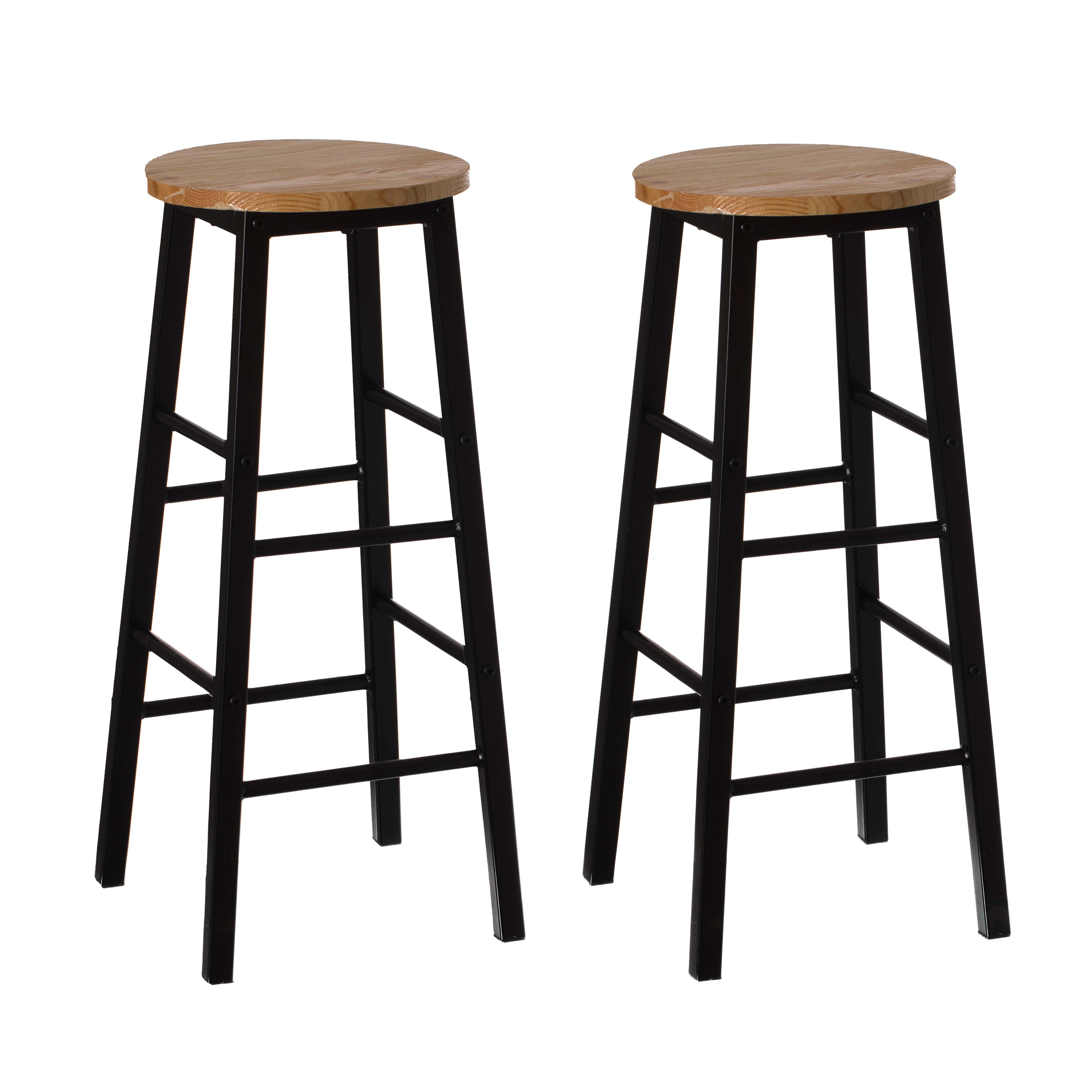 28 High Wooden Rustic Round Bar Stool With Footrest For Indoor And Outdoor - Set Of 2