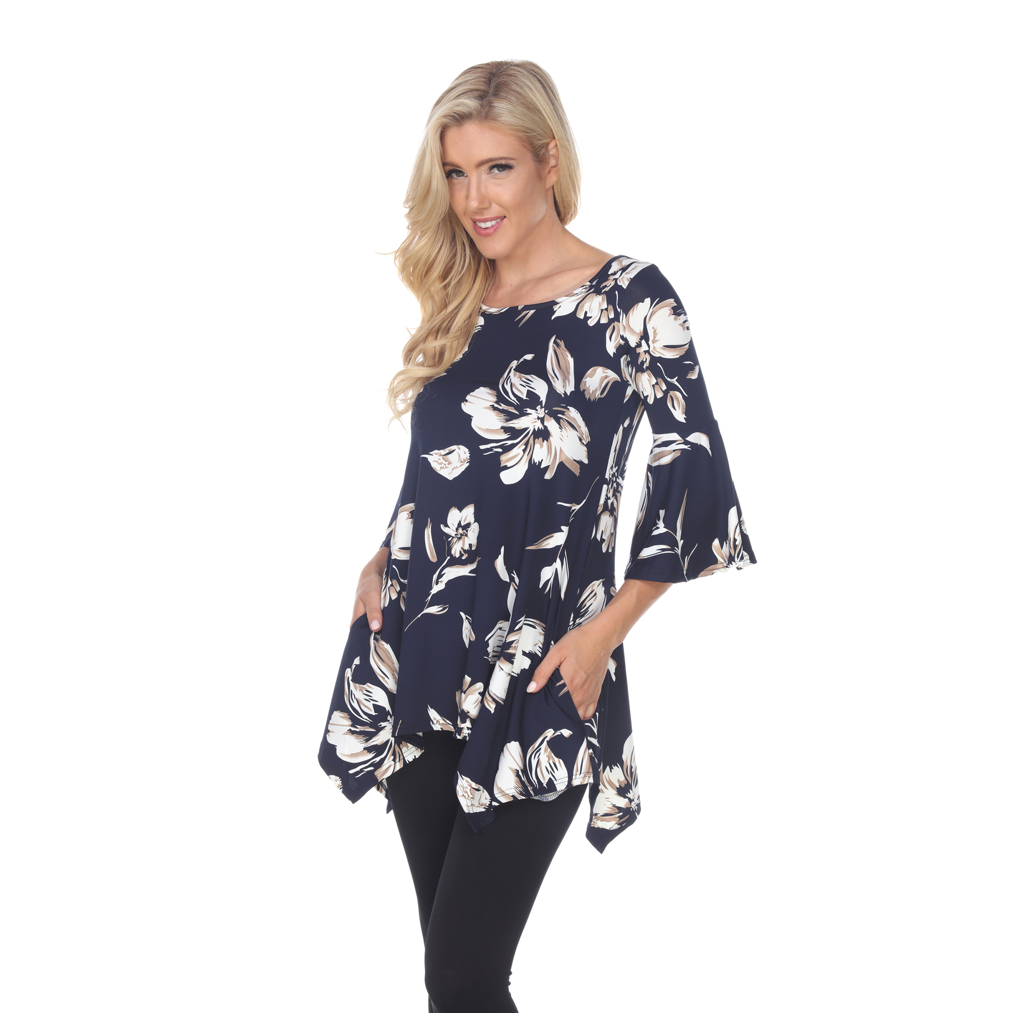 White Mark Women's Floral Print Quarter Sleeve Tunic Top With Pockets - Navy, 1X