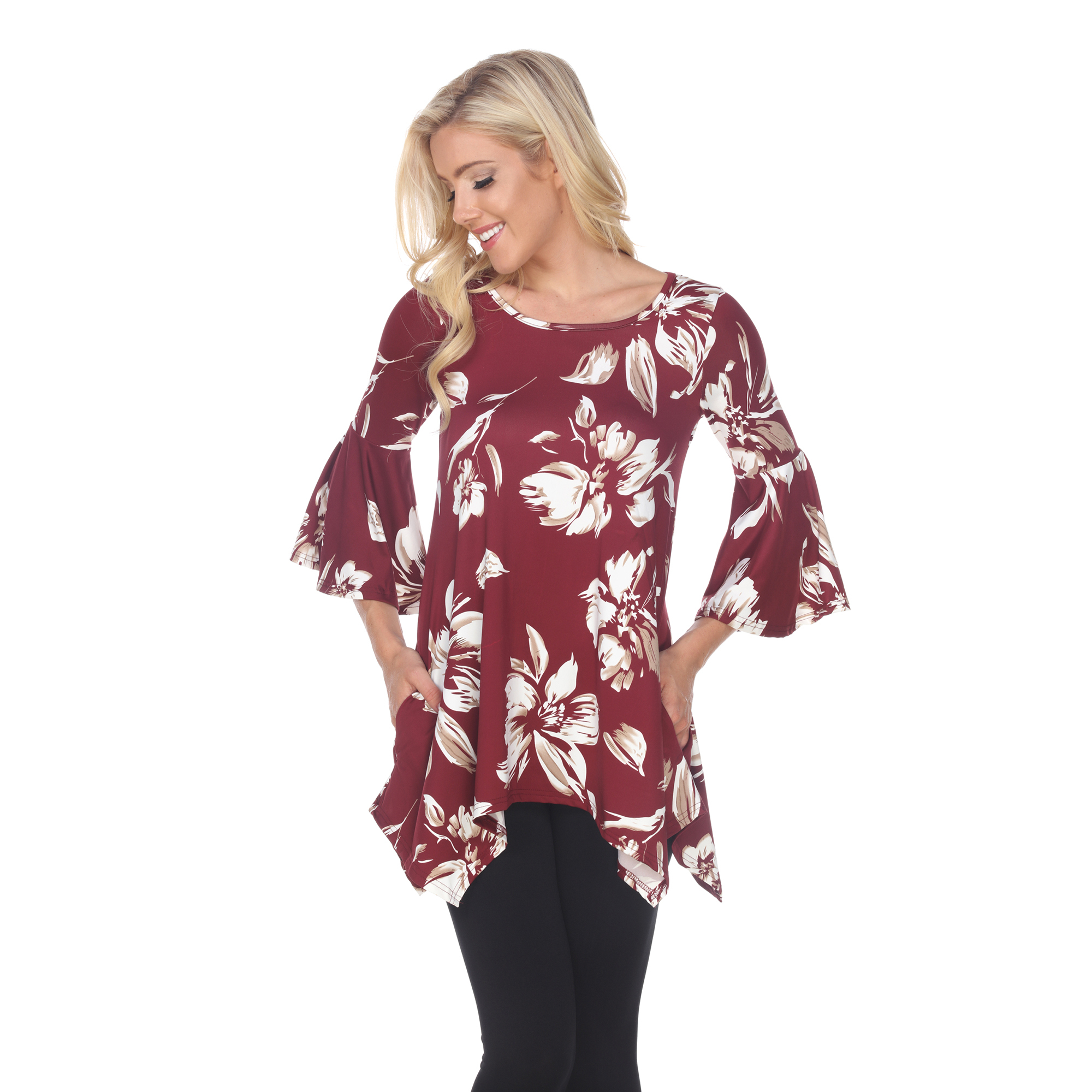 White Mark Women's Floral Print Quarter Sleeve Tunic Top With Pockets - Red, Medium