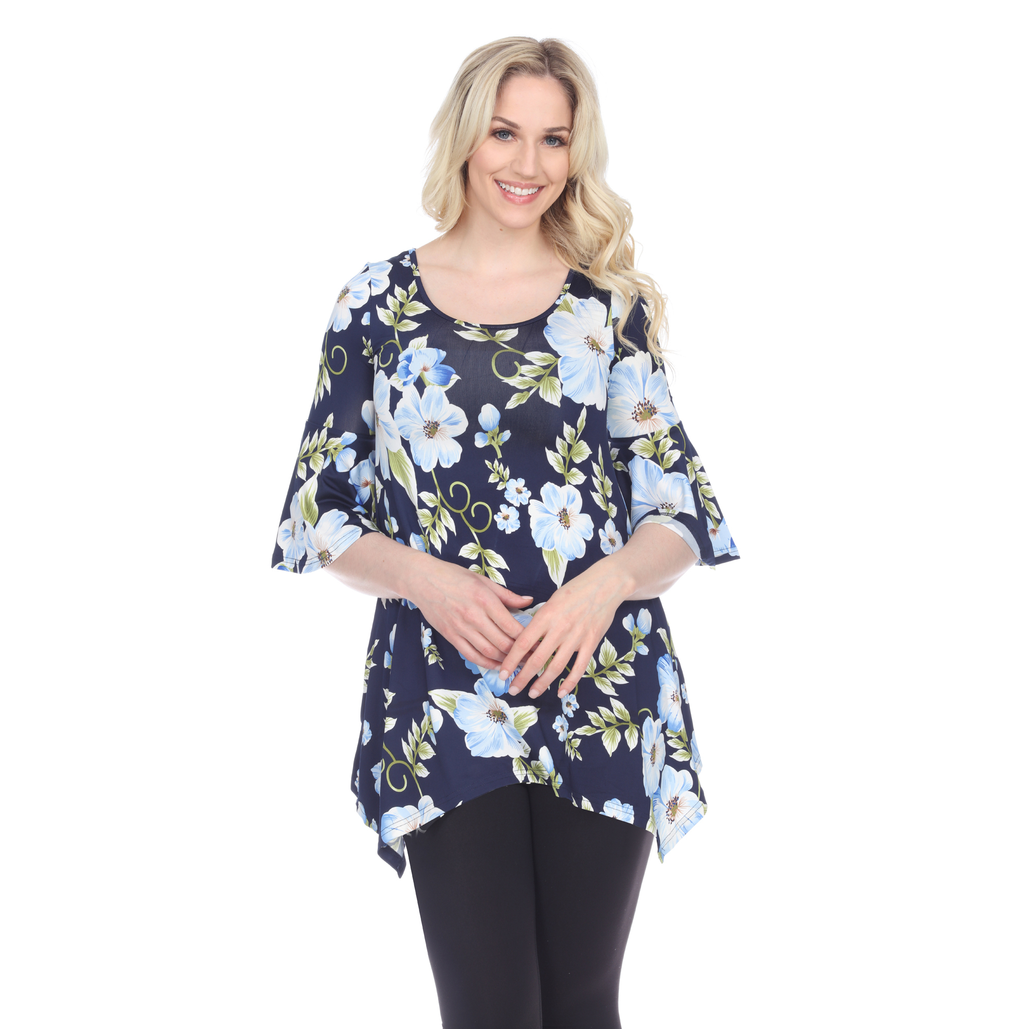 White Mark Women's Floral Print Quarter Sleeve Tunic Top With Pockets - Blue, Small