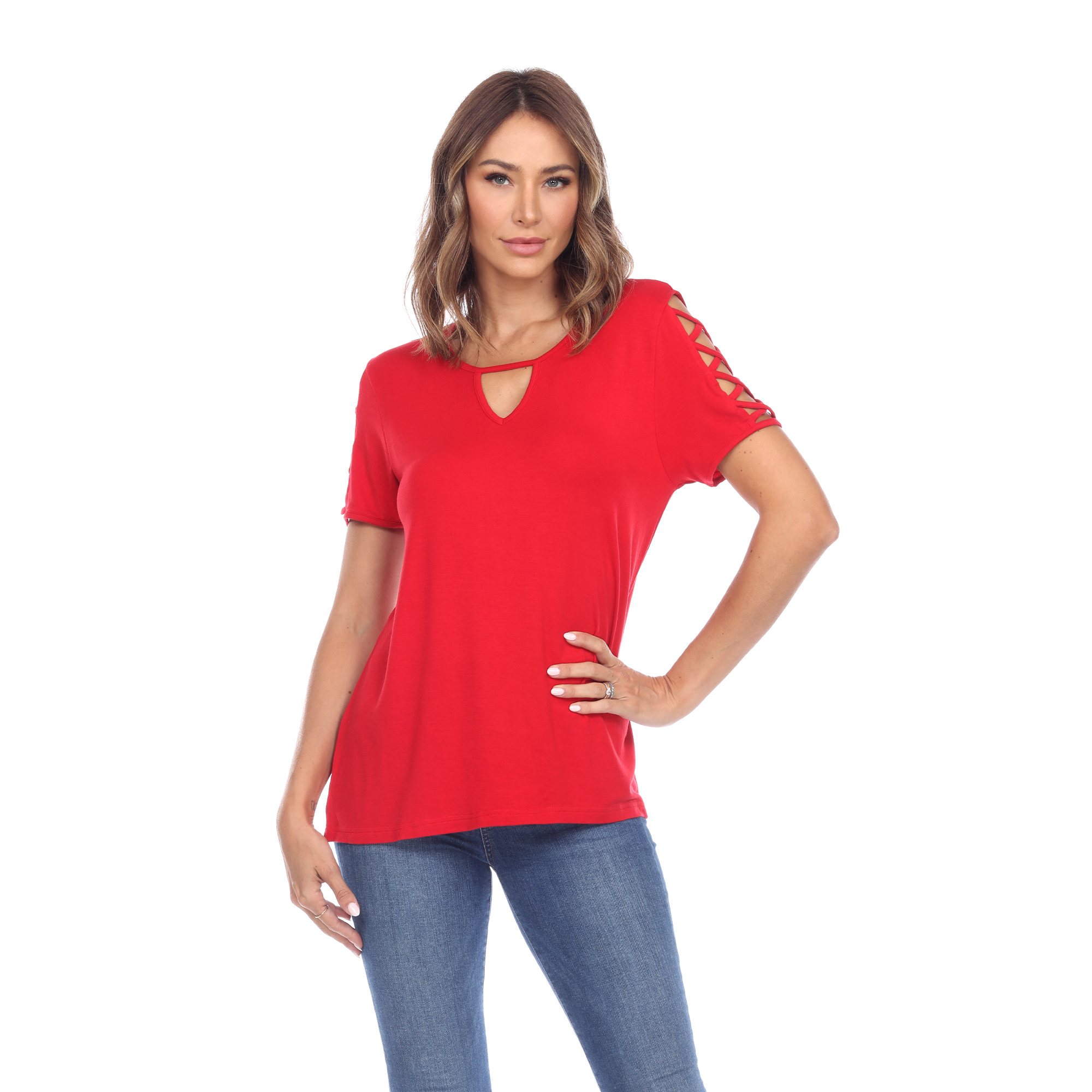 White Mark Women's Keyhole Neck Cutout Short Sleeve Top - Red, Small