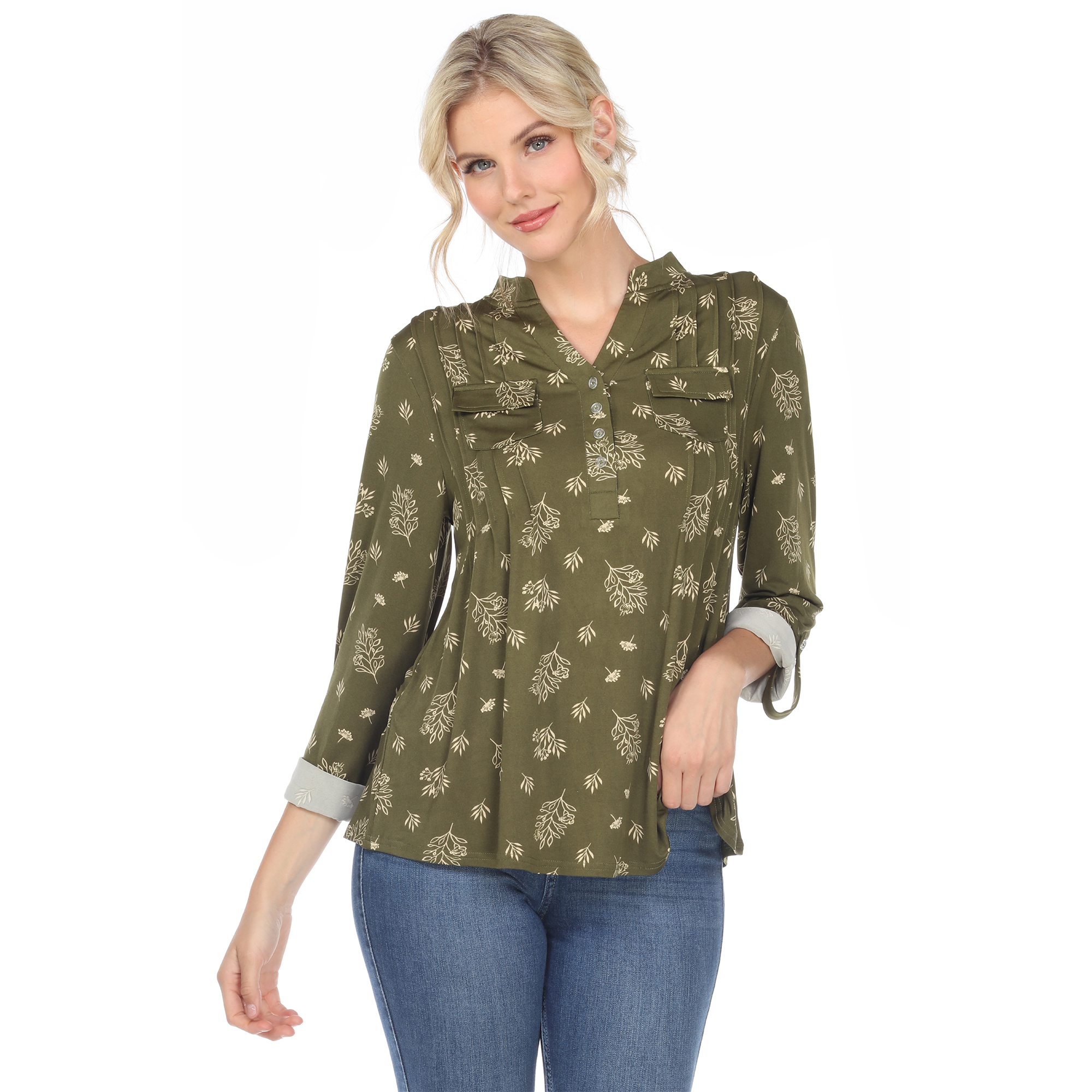 White Mark Women's Pleated Long Sleeve Leaf Print Blouse - Olive, Small