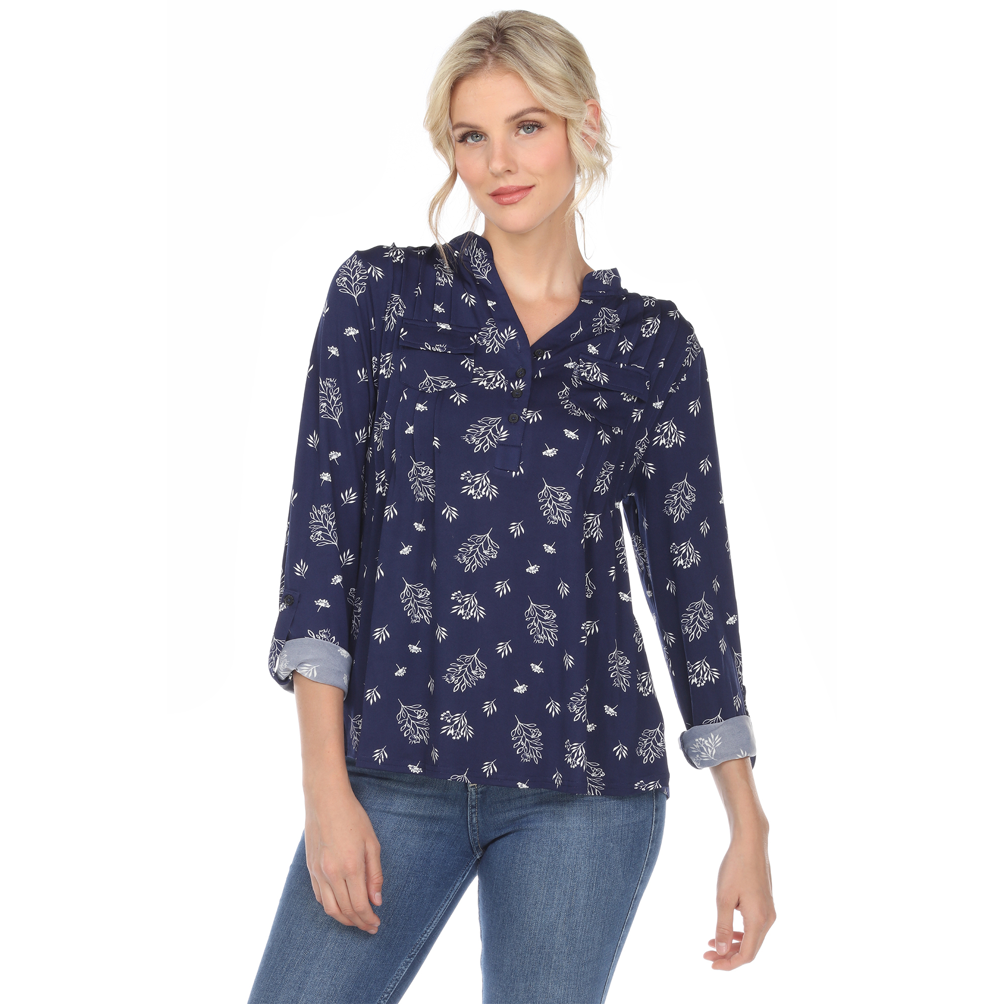 White Mark Women's Pleated Long Sleeve Leaf Print Blouse - Navy, Small