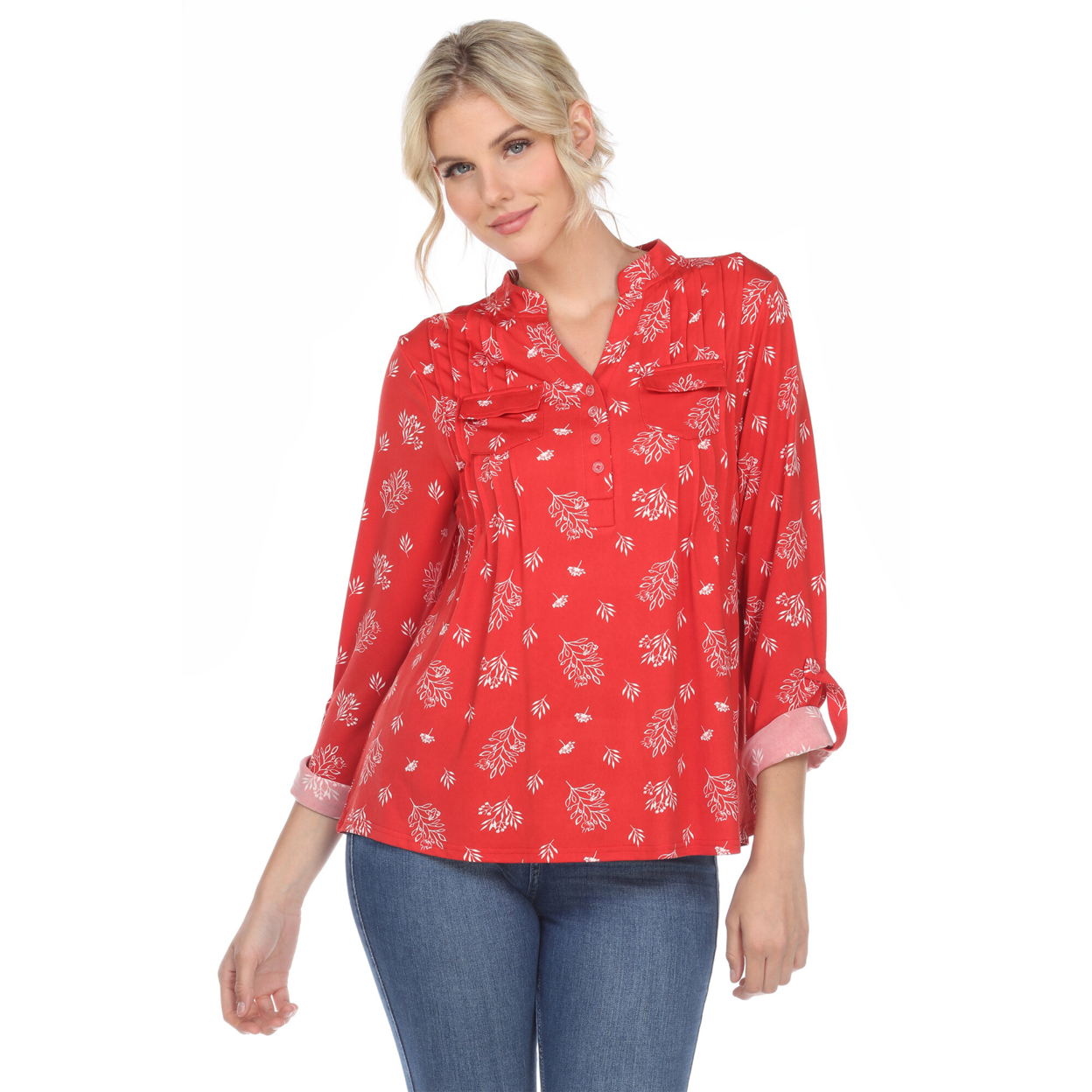 White Mark Women's Pleated Long Sleeve Leaf Print Blouse - Red, Small