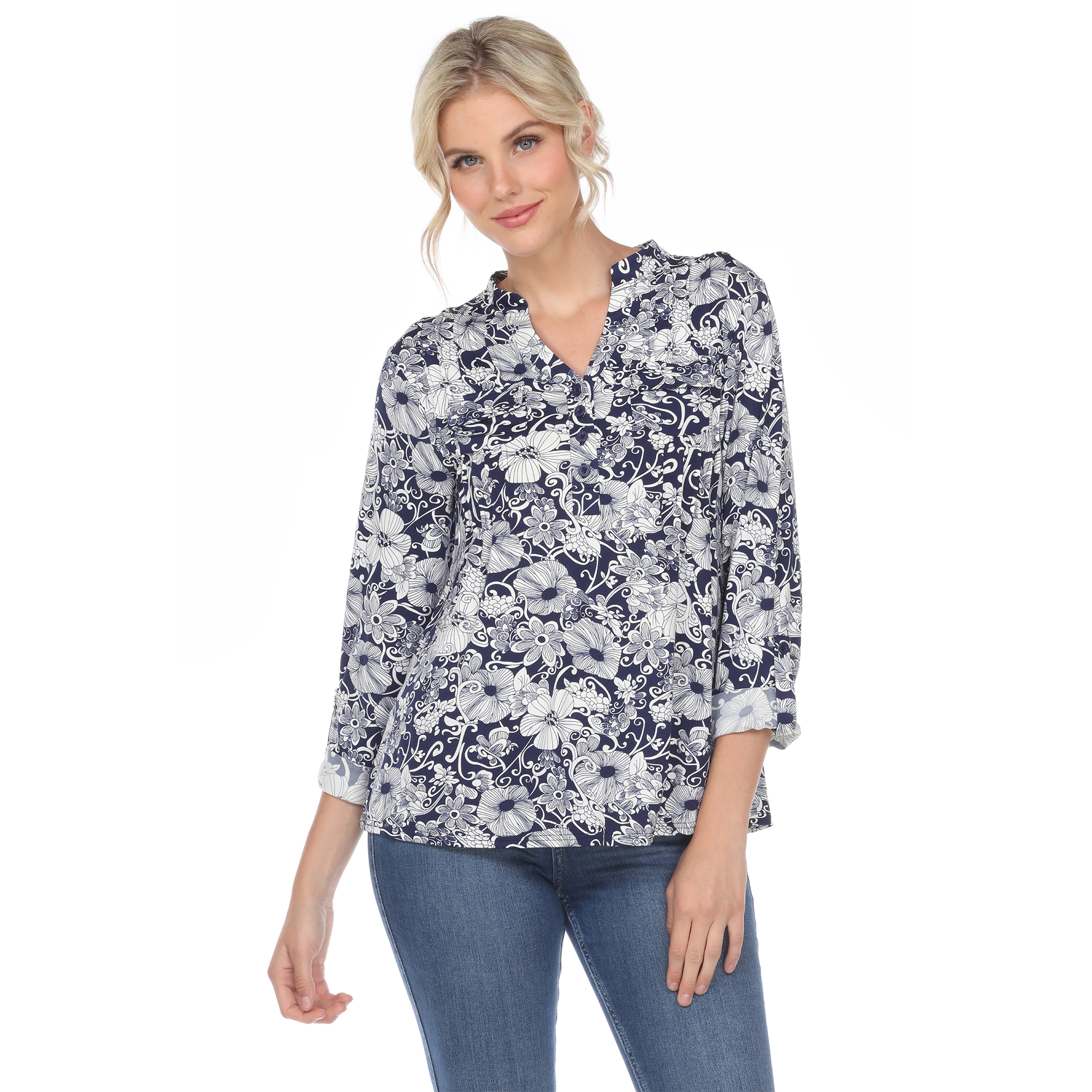 White Mark Women's Pleated Long Sleeve Floral Print Blouse - Navy, 3X