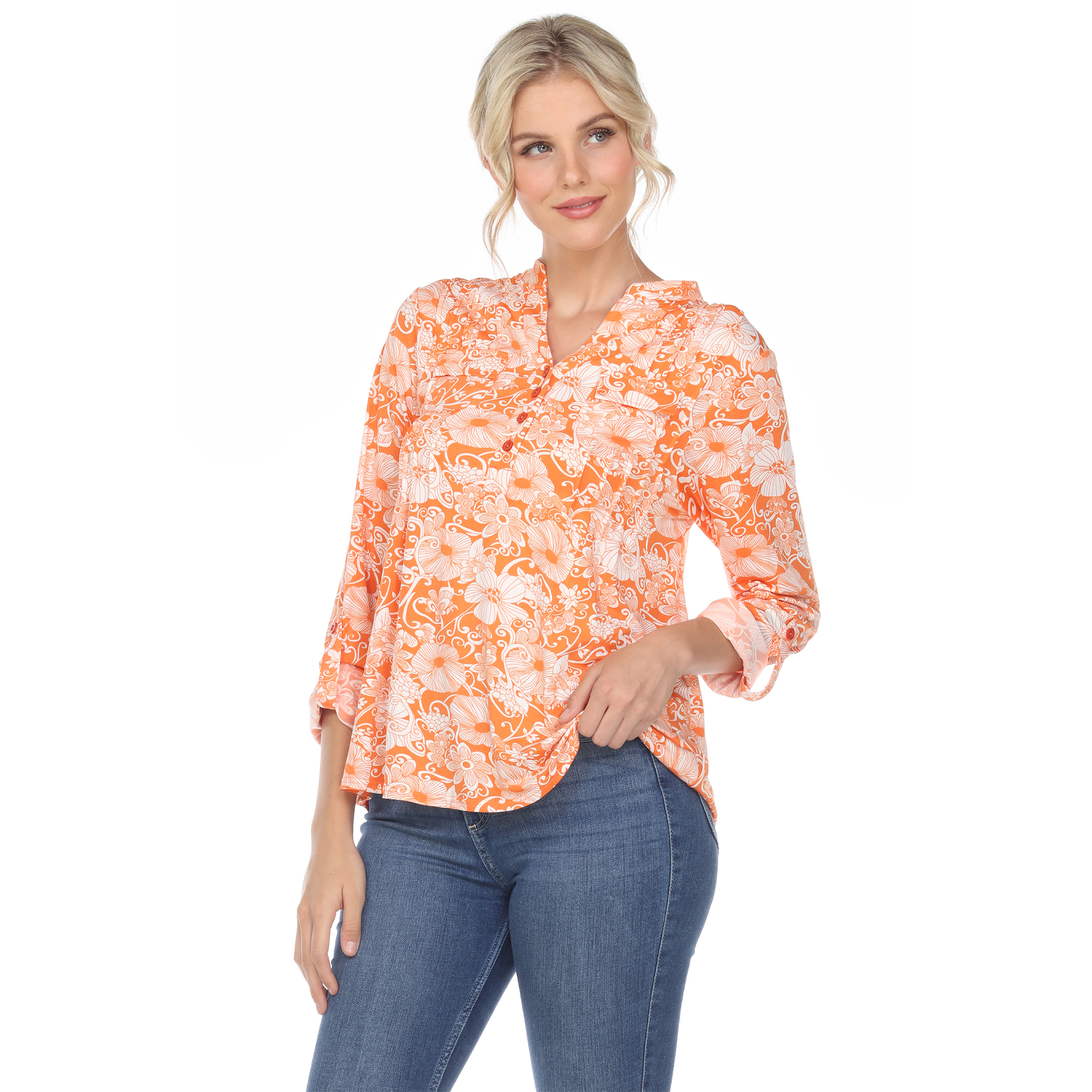 White Mark Women's Pleated Long Sleeve Floral Print Blouse - Orange, Small