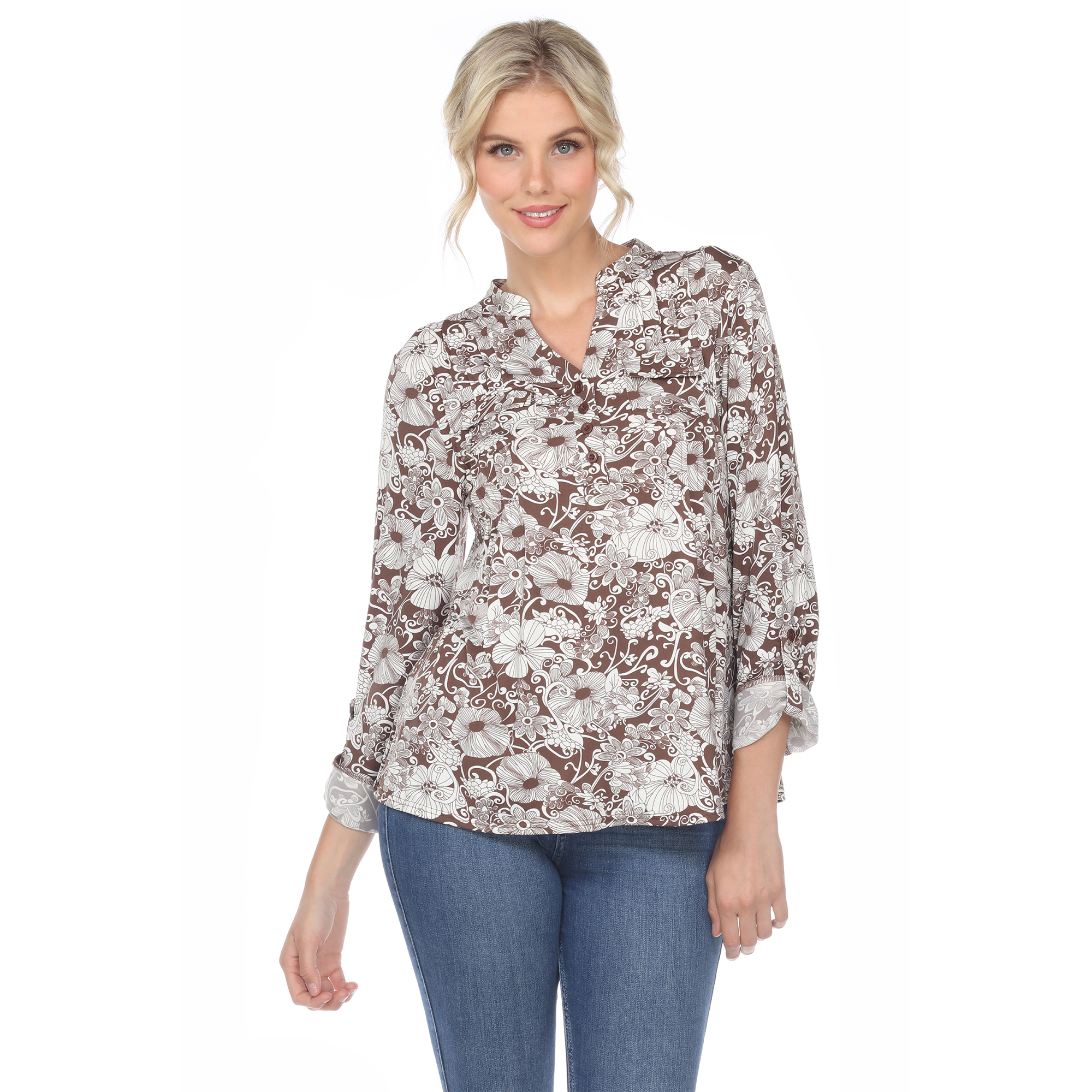 White Mark Women's Pleated Long Sleeve Floral Print Blouse - Brown, 2X