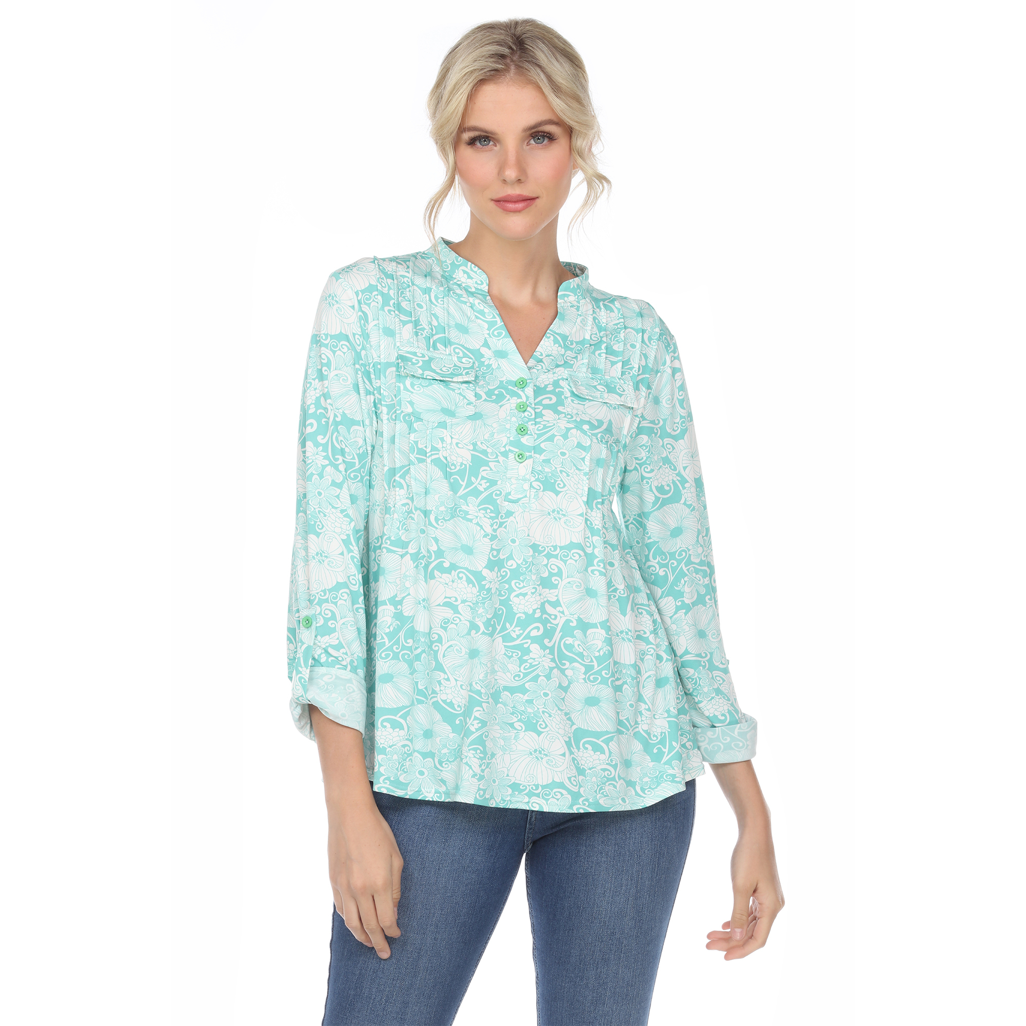 White Mark Women's Pleated Long Sleeve Floral Print Blouse - Mint, 3X