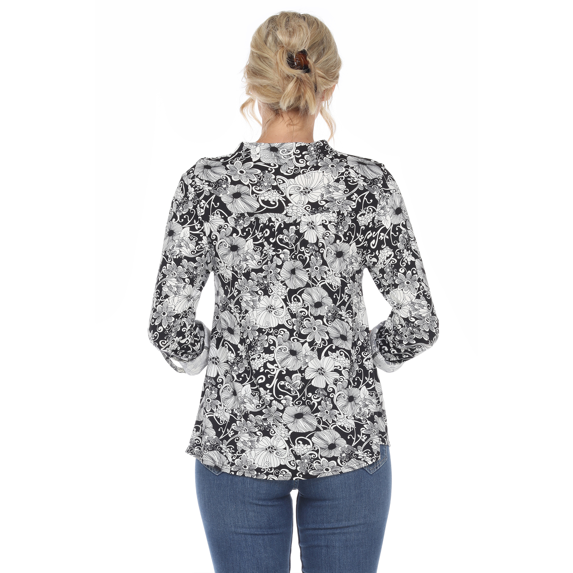 White Mark Women's Pleated Long Sleeve Floral Print Blouse - Navy, Medium