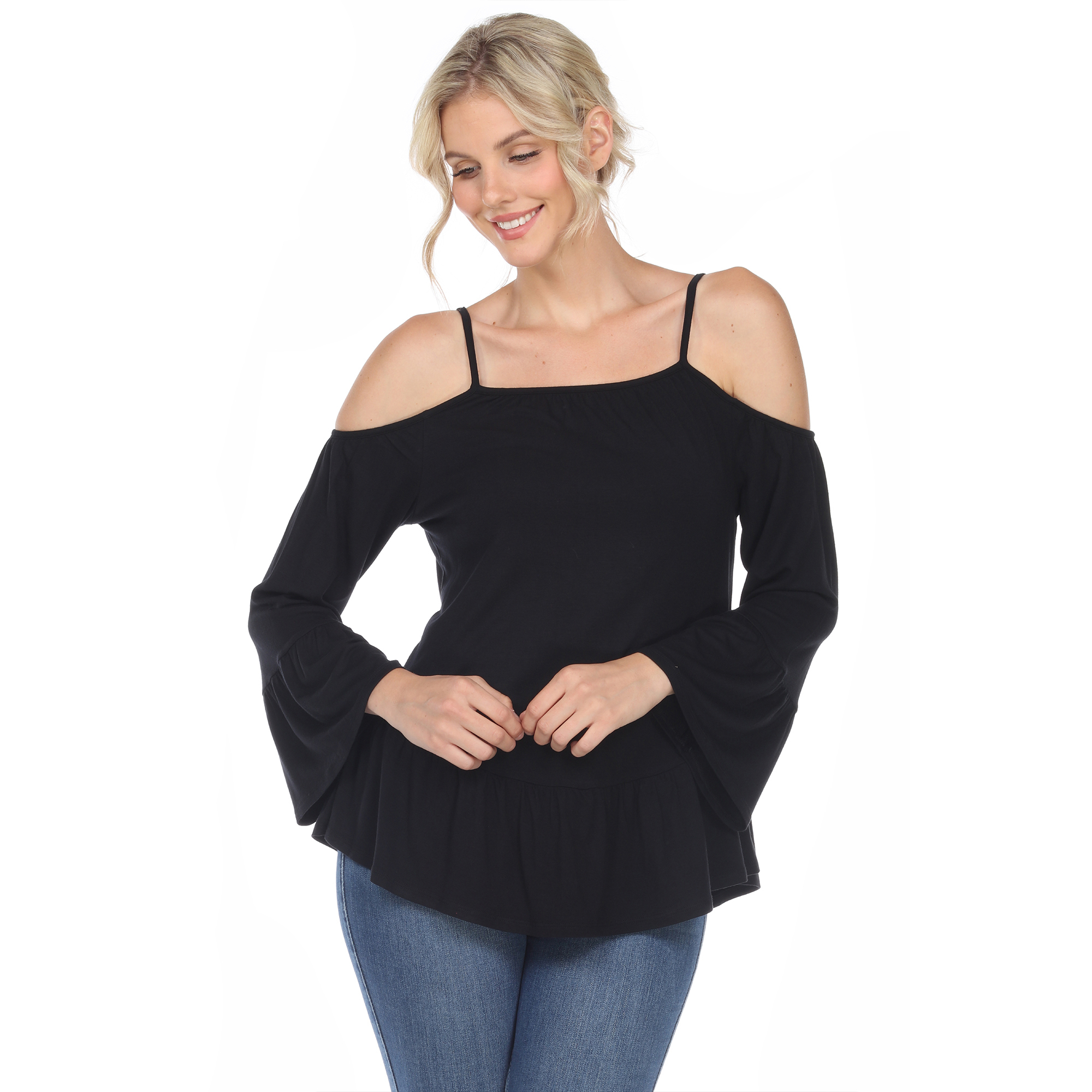 White Mark Women's Cold Shoulder Ruffle Sleeve Top - Black, Large