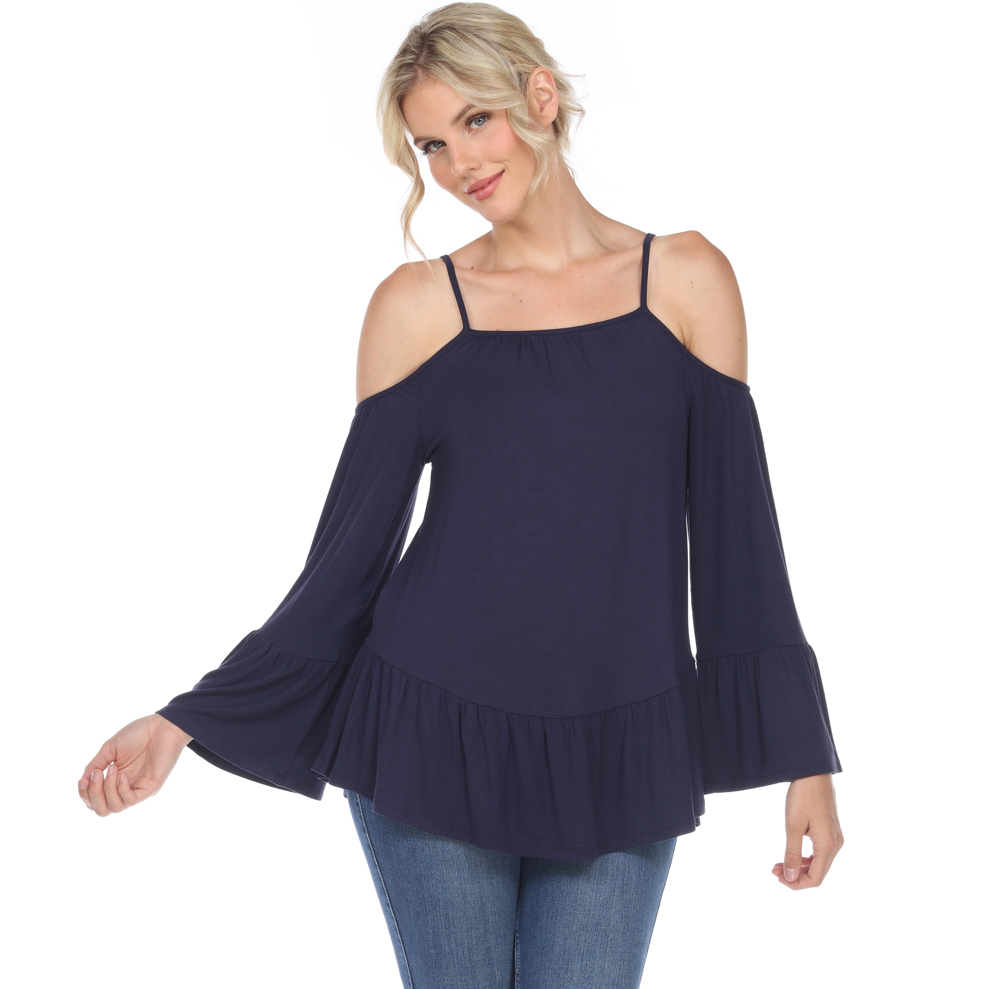White Mark Women's Cold Shoulder Ruffle Sleeve Top - Navy, 2X