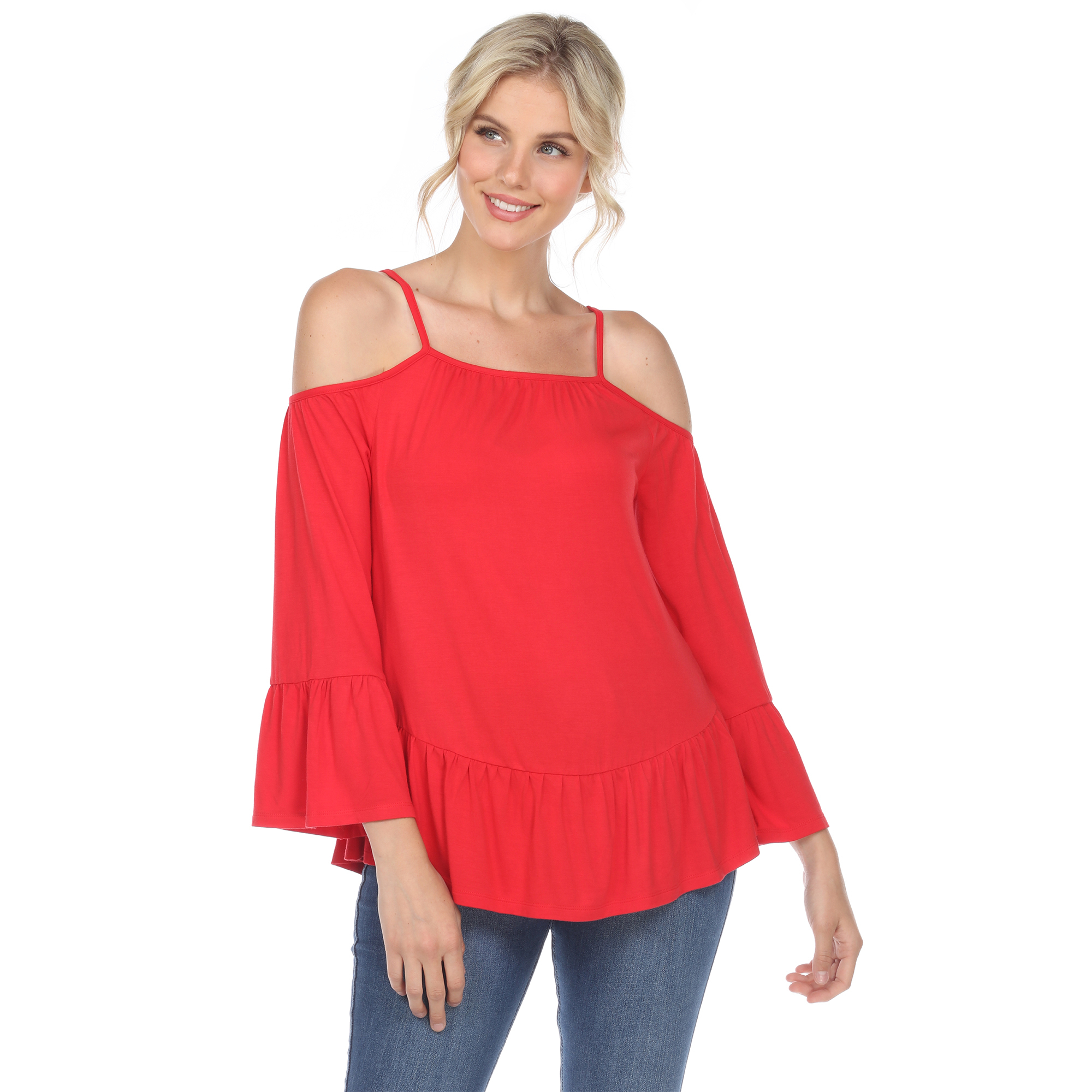 White Mark Women's Cold Shoulder Ruffle Sleeve Top - Red, Large