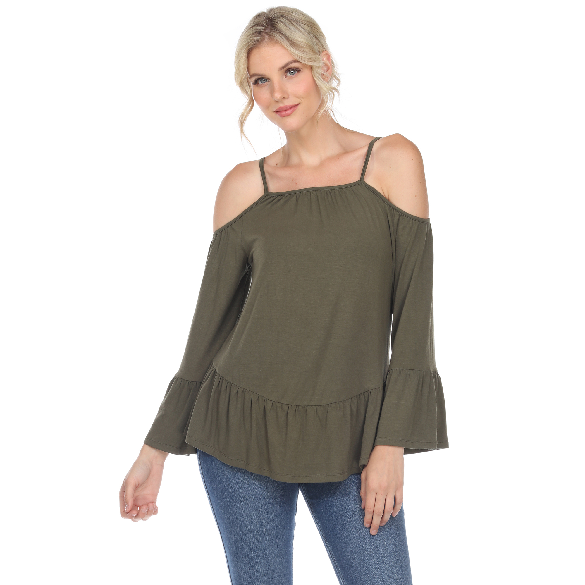 White Mark Women's Cold Shoulder Ruffle Sleeve Top - Olive, Large