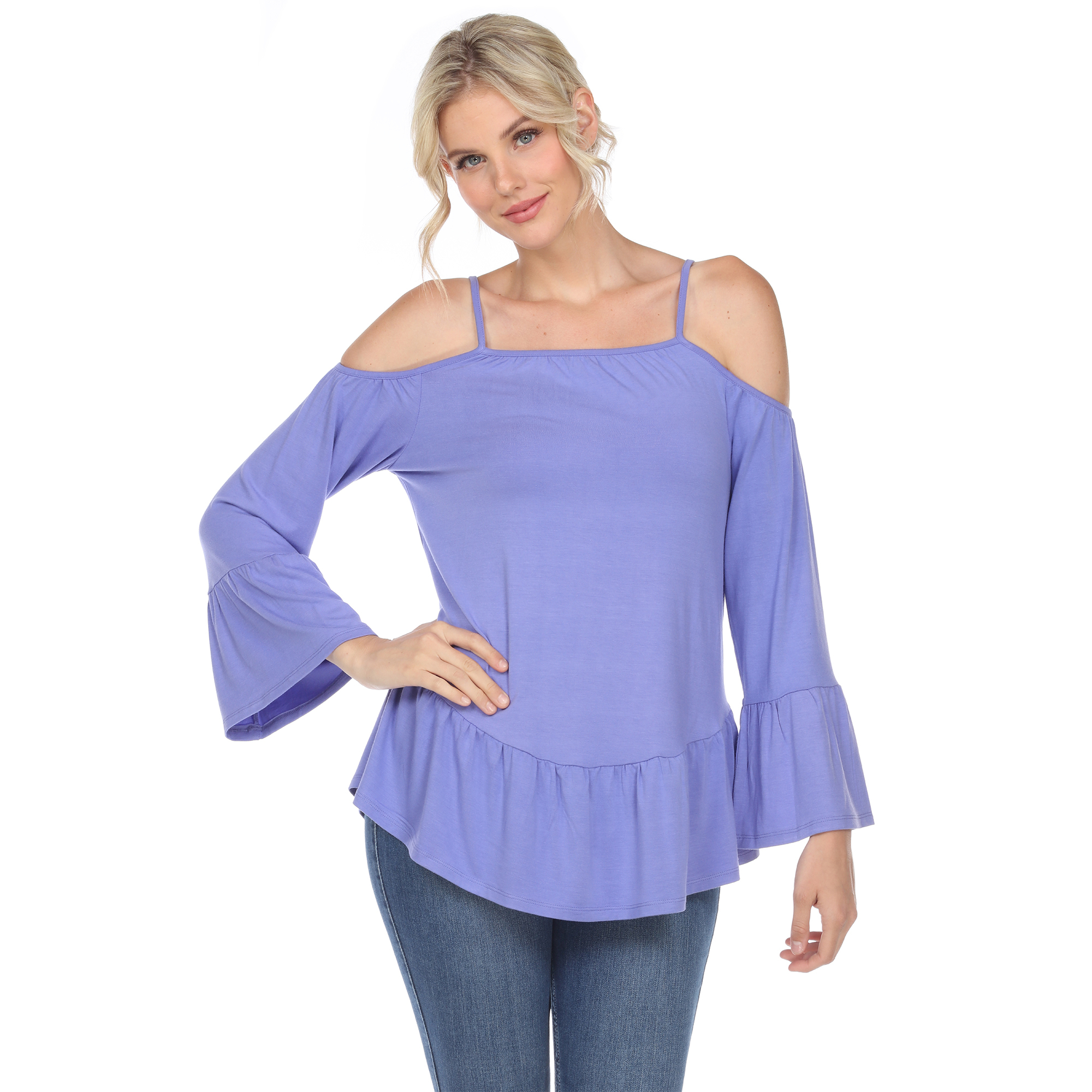 White Mark Women's Cold Shoulder Ruffle Sleeve Top - Purple, Large