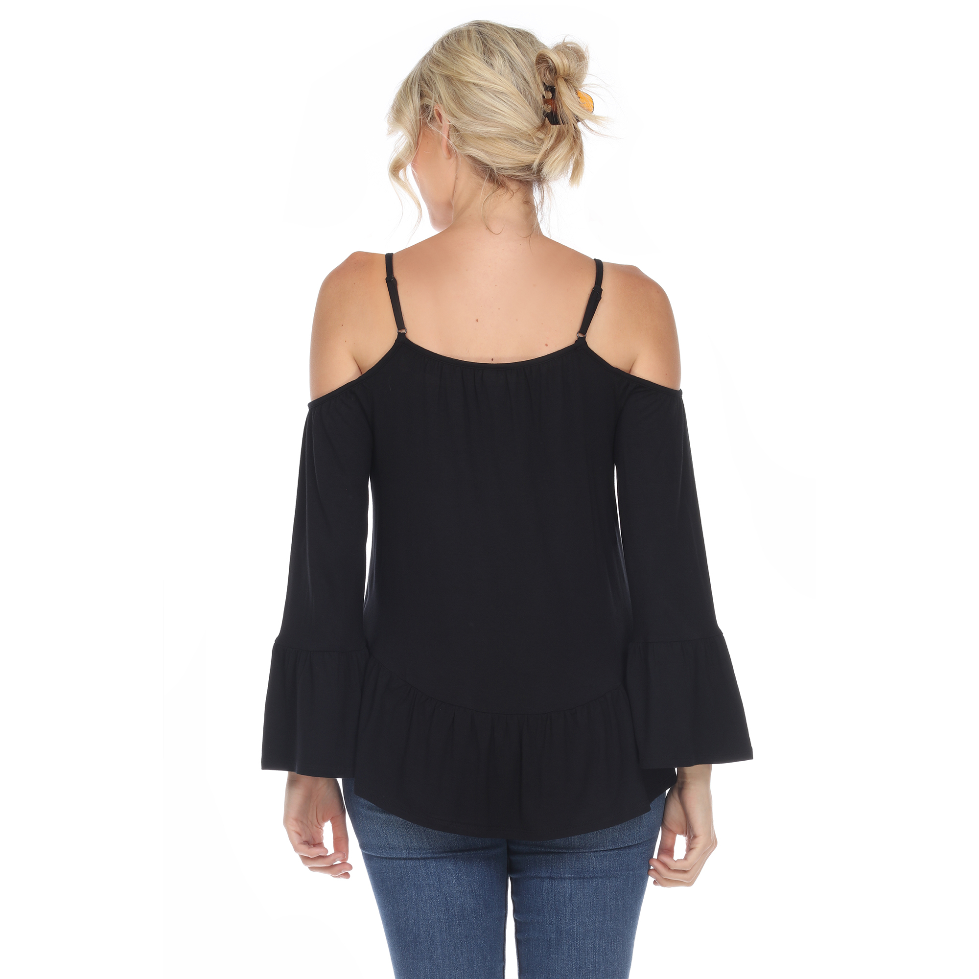 White Mark Women's Cold Shoulder Ruffle Sleeve Top - Navy, Large