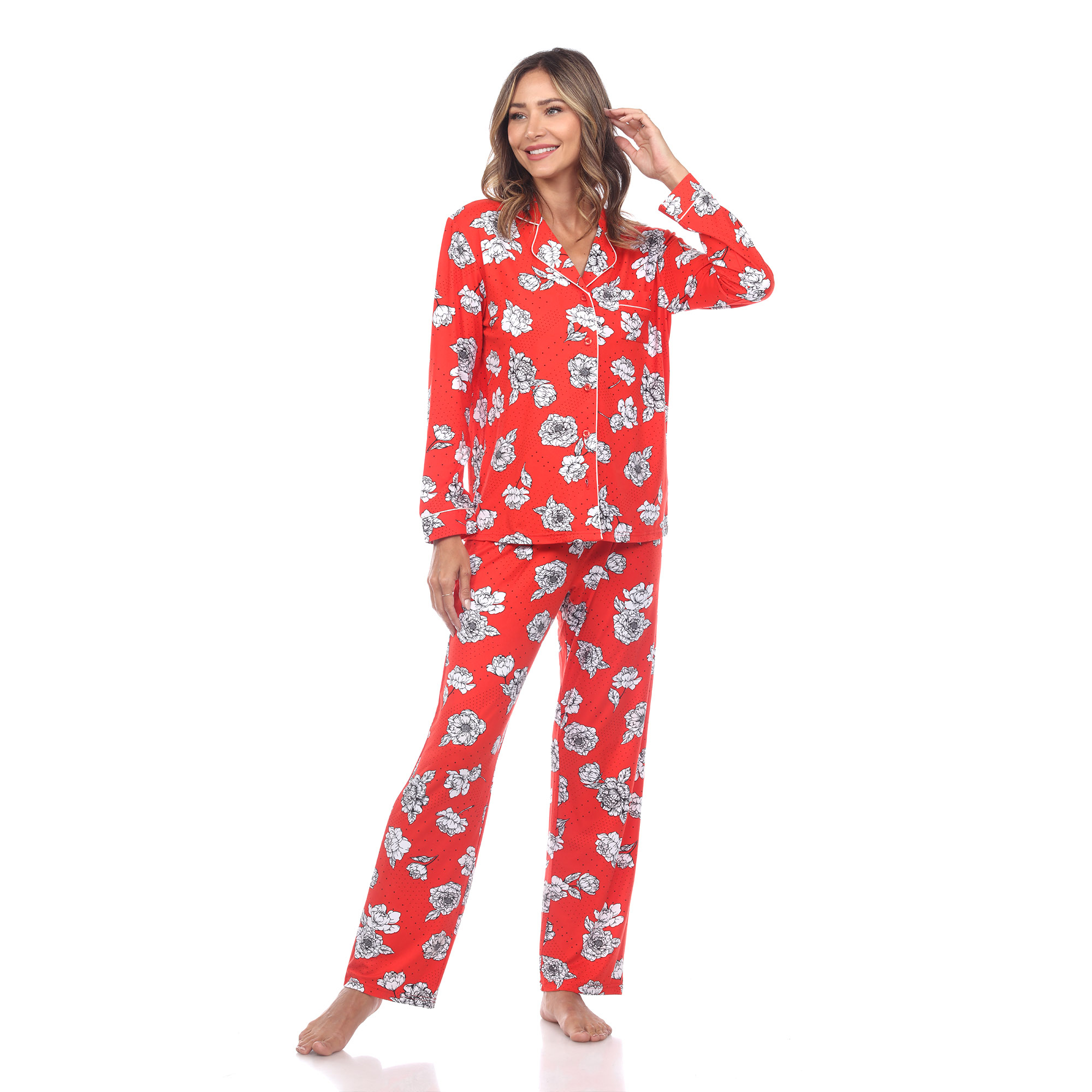 White Mark Women's Long Sleeve Floral Pajama Set - Red, 2X