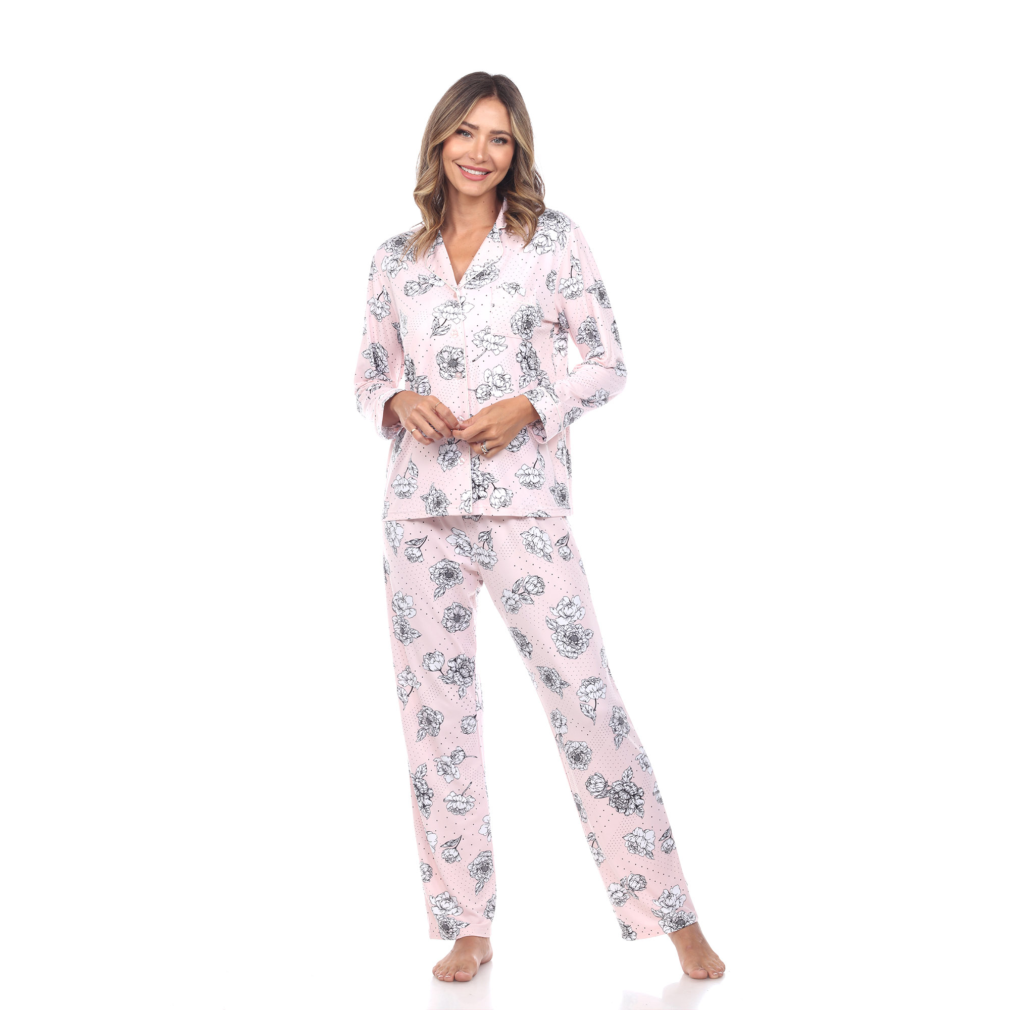 White Mark Women's Long Sleeve Floral Pajama Set - Rose, Small