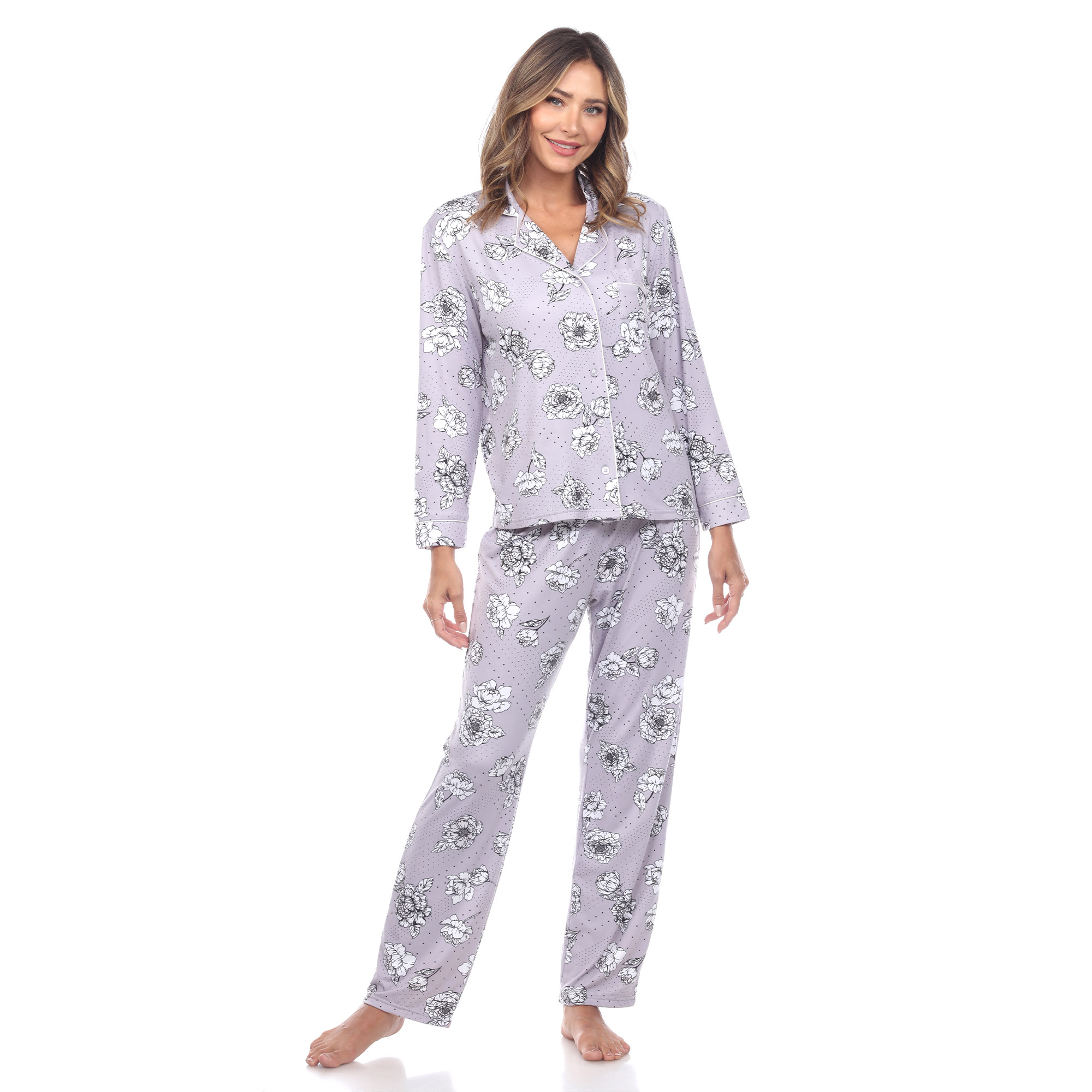 White Mark Women's Long Sleeve Floral Pajama Set - Purple, 3X
