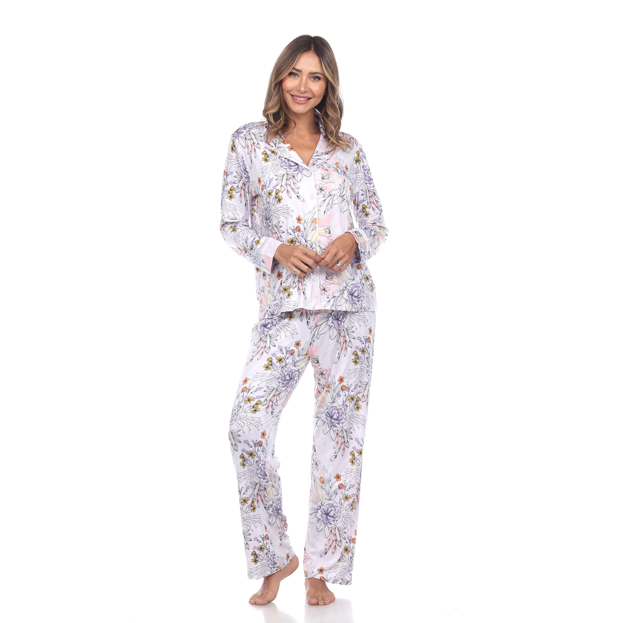 White Mark Women's Long Sleeve Floral Pajama Set - Lavender, 3X