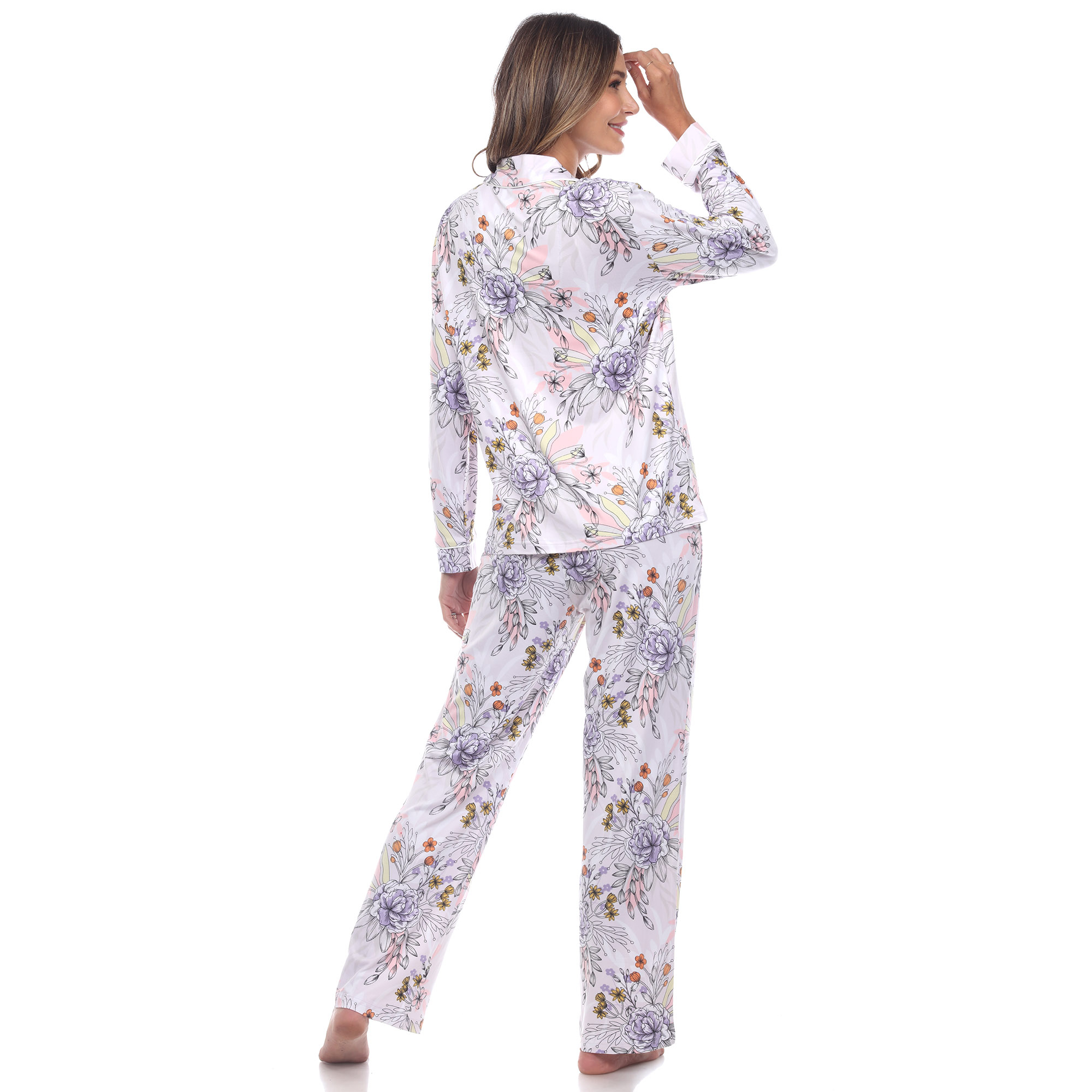 White Mark Women's Long Sleeve Floral Pajama Set - Purple, 2X