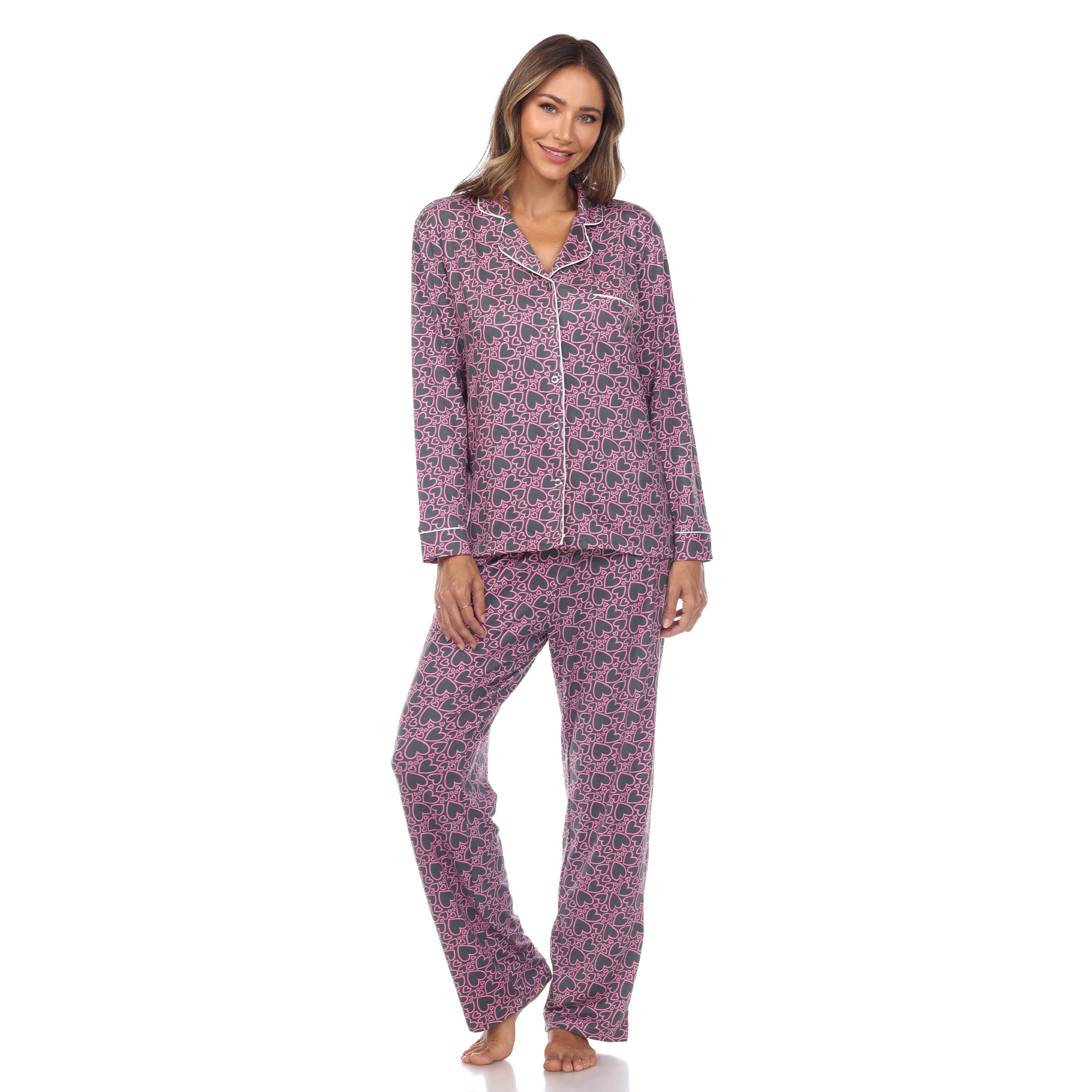White Mark Women's Long Sleeve Hearts Pajama Set - Gray, 1X