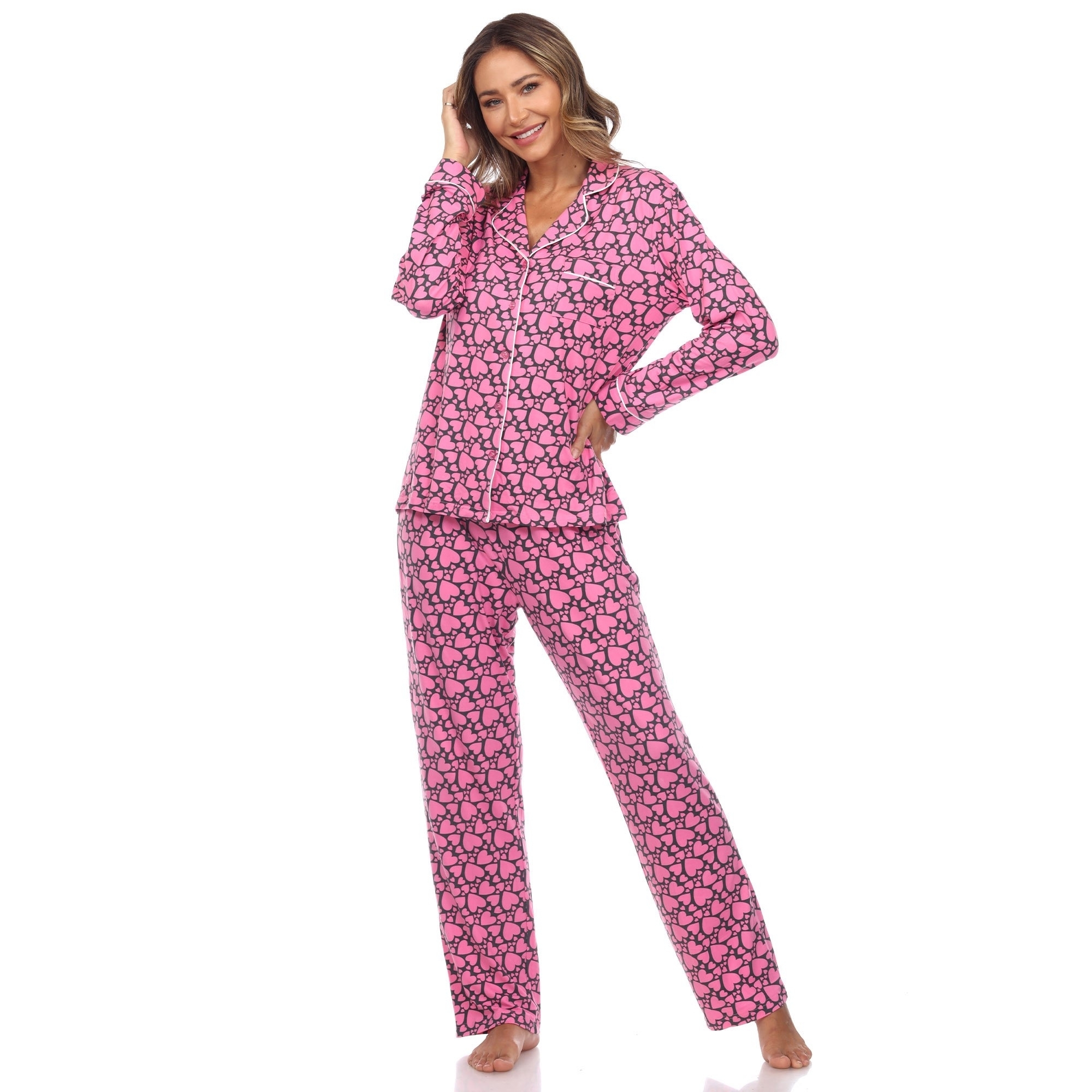 White Mark Women's Long Sleeve Hearts Pajama Set - Pink, 3X