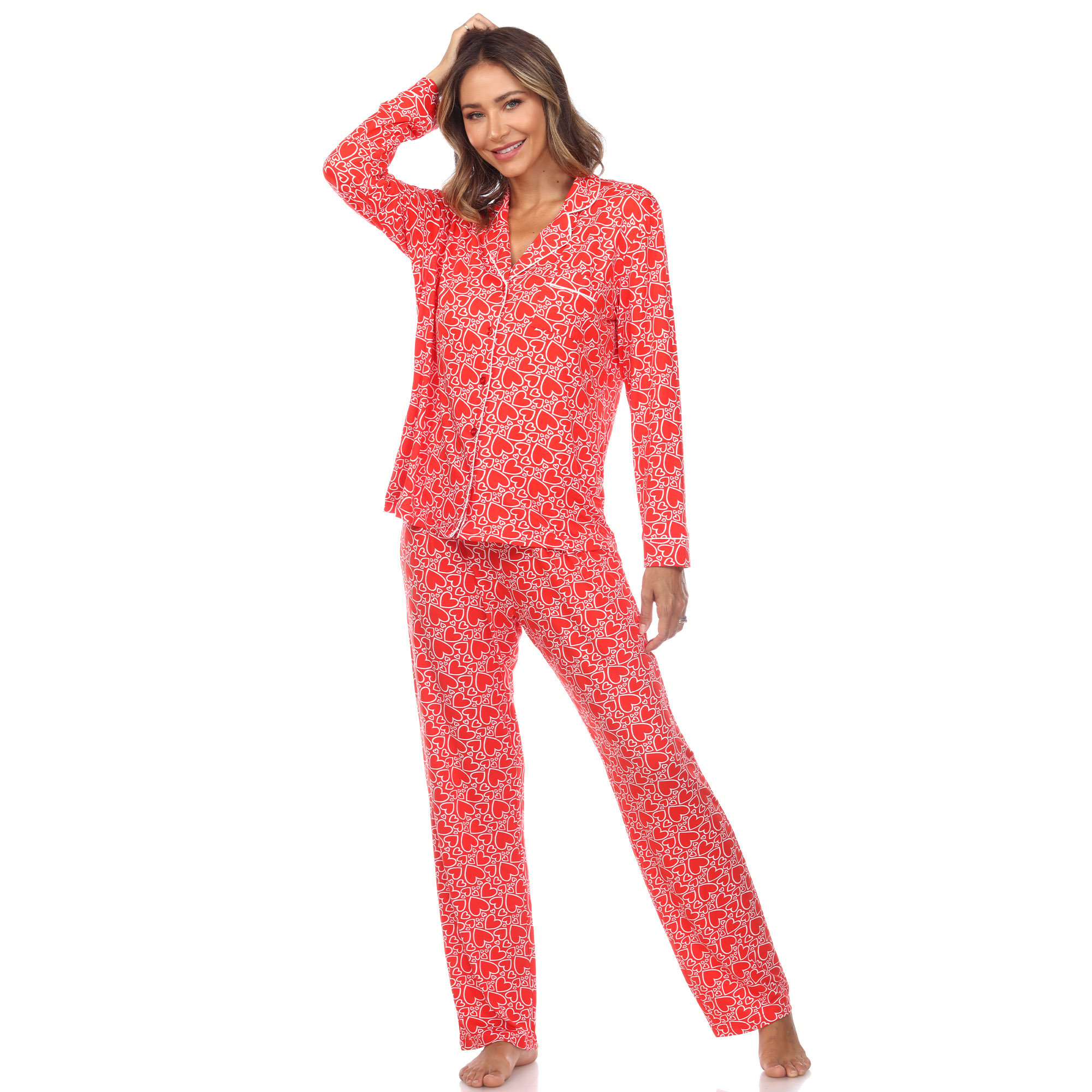 White Mark Women's Long Sleeve Hearts Pajama Set - Red, 1X