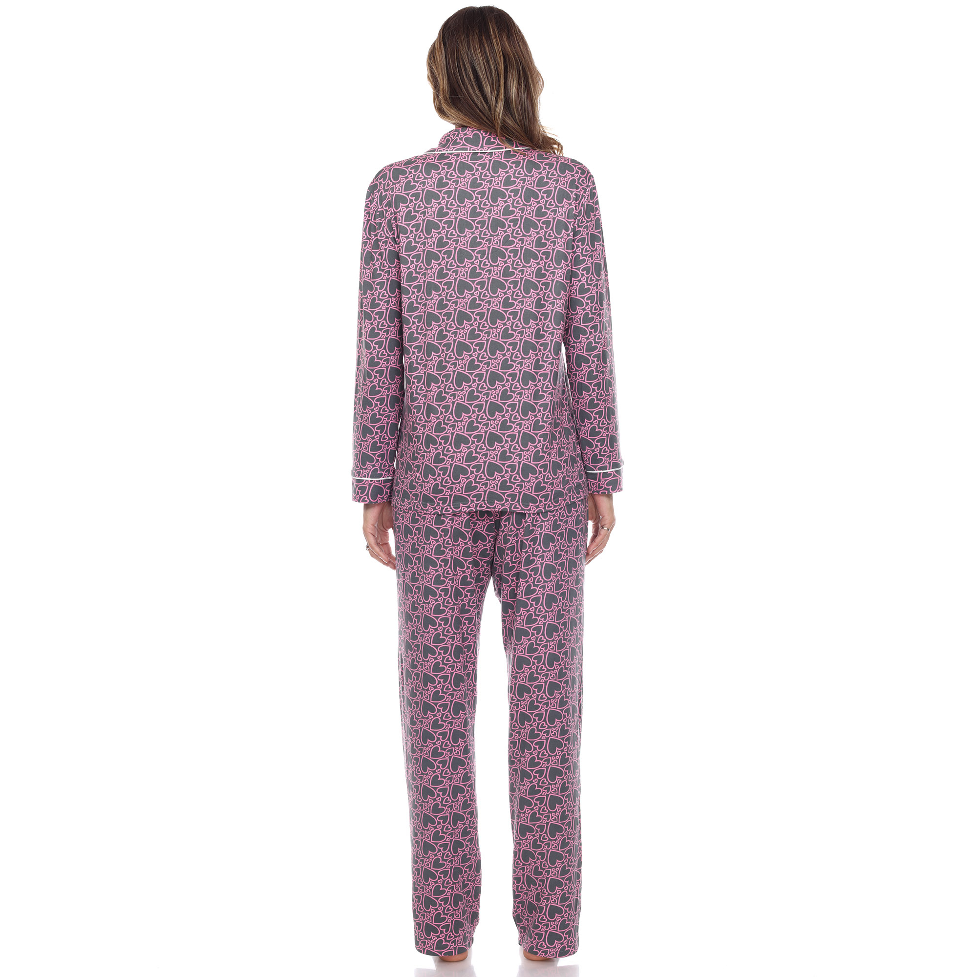 White Mark Women's Long Sleeve Hearts Pajama Set - Pink, Large