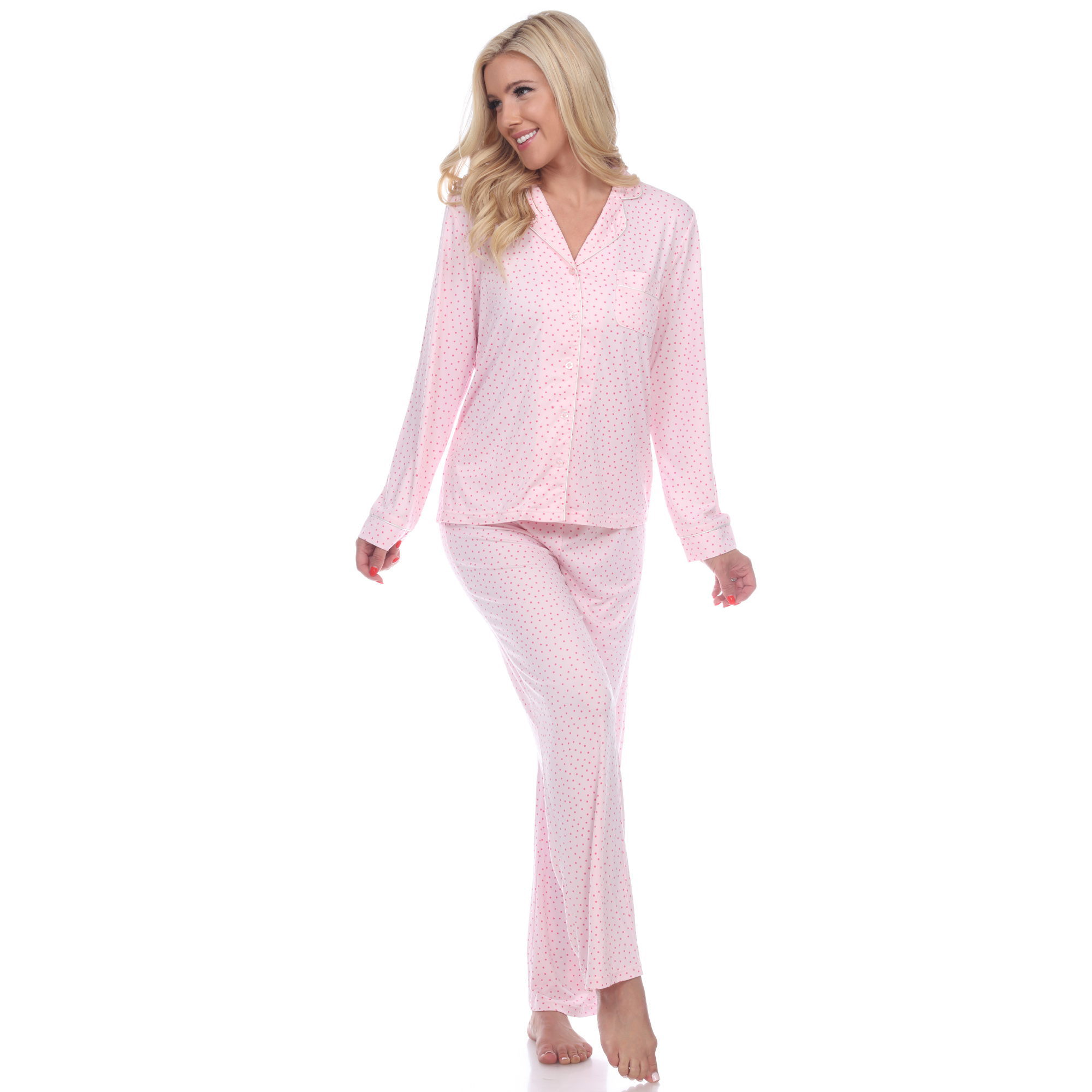 White Mark Women's Long Sleeve Dots Pajama Set - Pink, X-Large