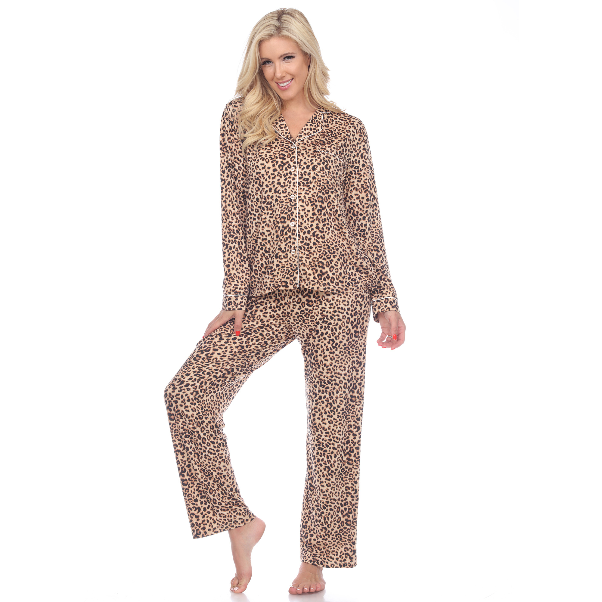 White Mark Women's Long Sleeve Dots Pajama Set - Cheetah, 3X