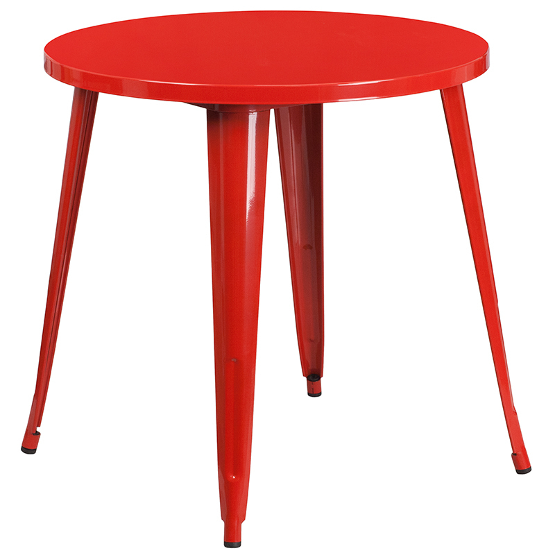 Commercial Grade 30 Round Red Metal Indoor-Outdoor Table Set With 4 Vertical Slat Back Chairs
