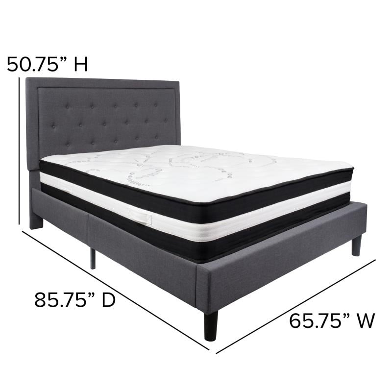 Roxbury Queen Size Tufted Upholstered Platform Bed In Dark Gray Fabric With Pocket Spring Mattress