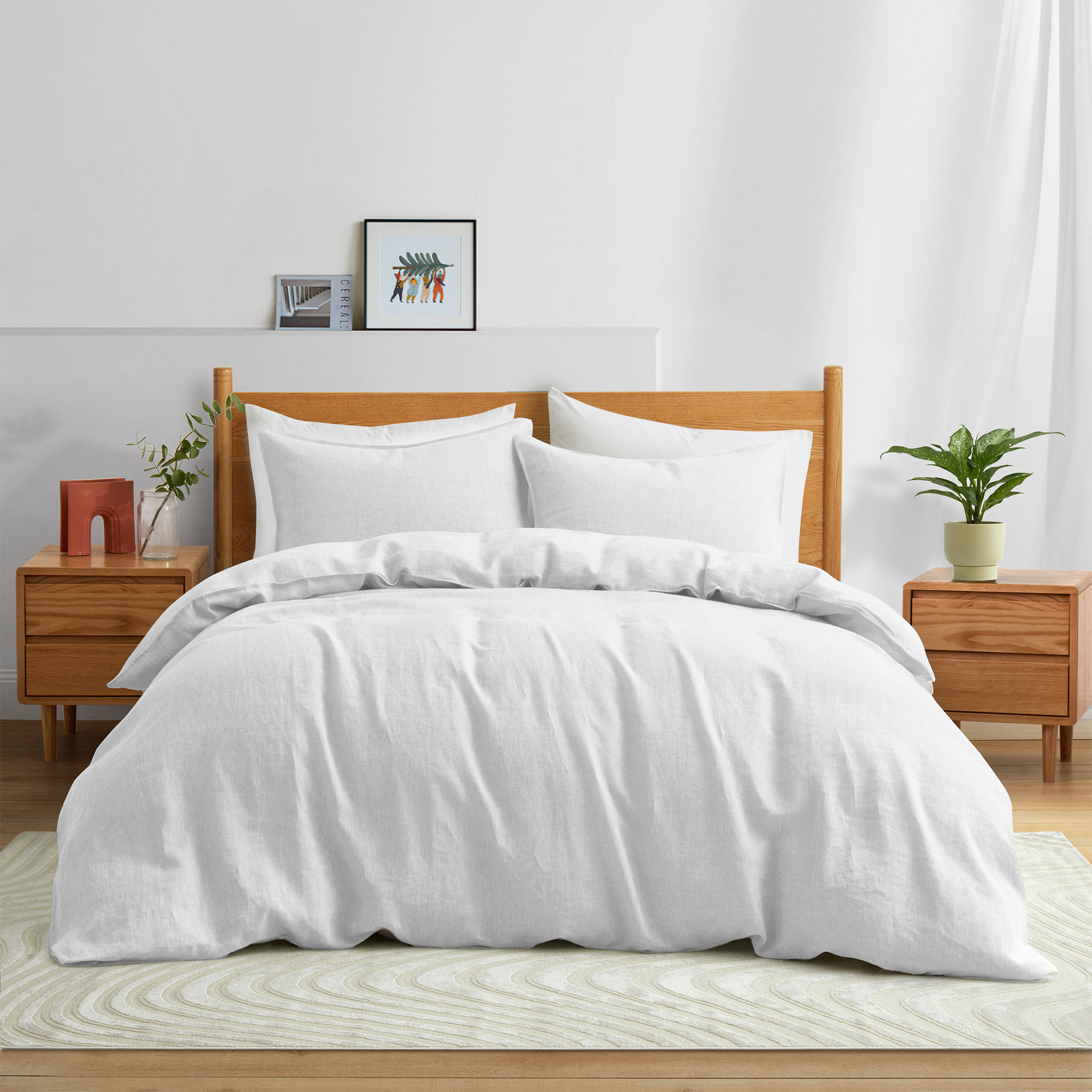 Premium Flax Linen Duvet Cover Set With Pillowcases Moisture Wicking And Breathable - White, King