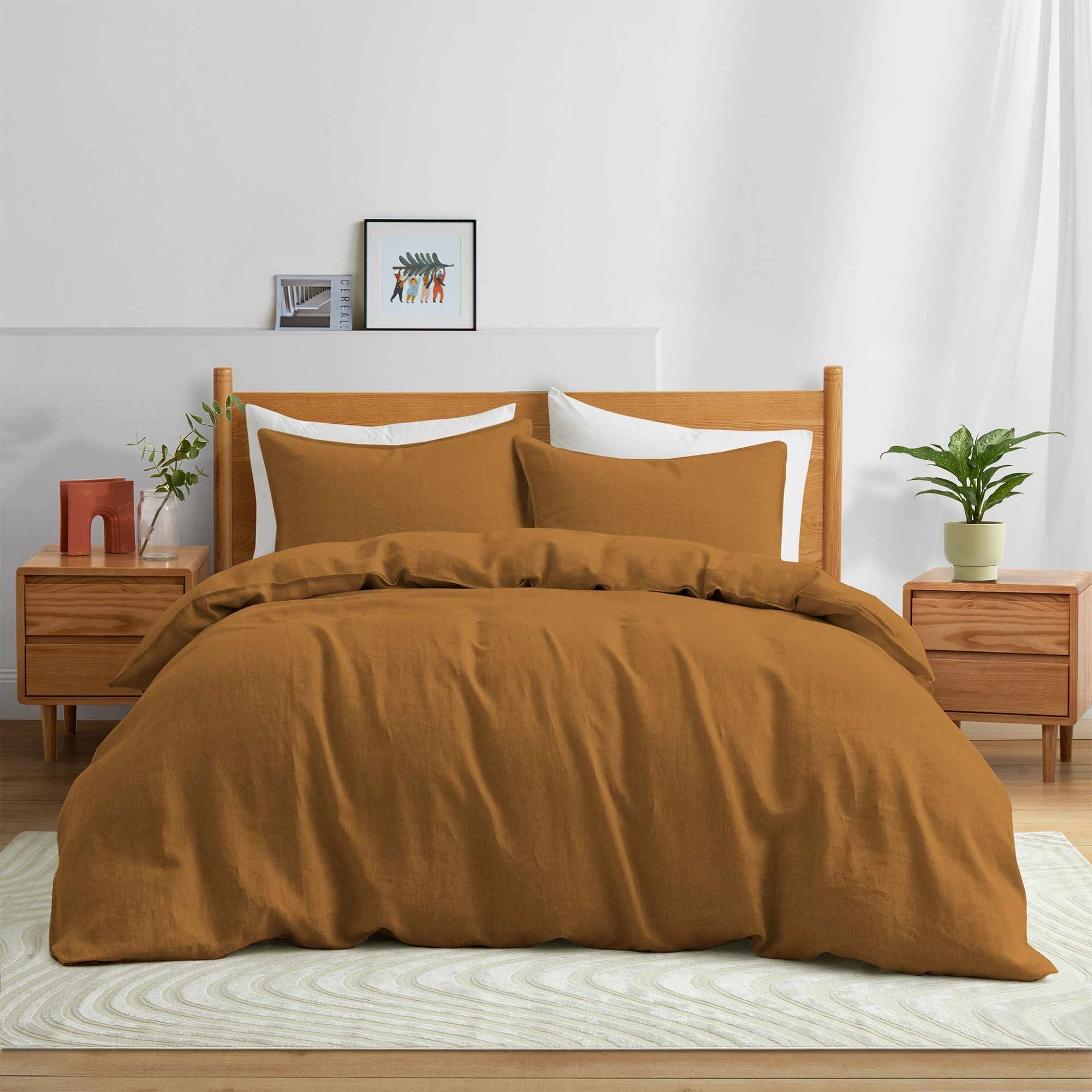 Premium Flax Linen Duvet Cover Set With Pillowcases Moisture Wicking And Breathable - Umber, Full/Queen