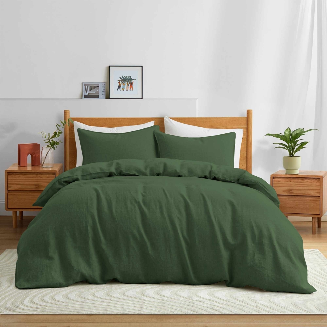 Premium Flax Linen Duvet Cover Set With Pillowcases Moisture Wicking And Breathable - Lunar Green, Twin