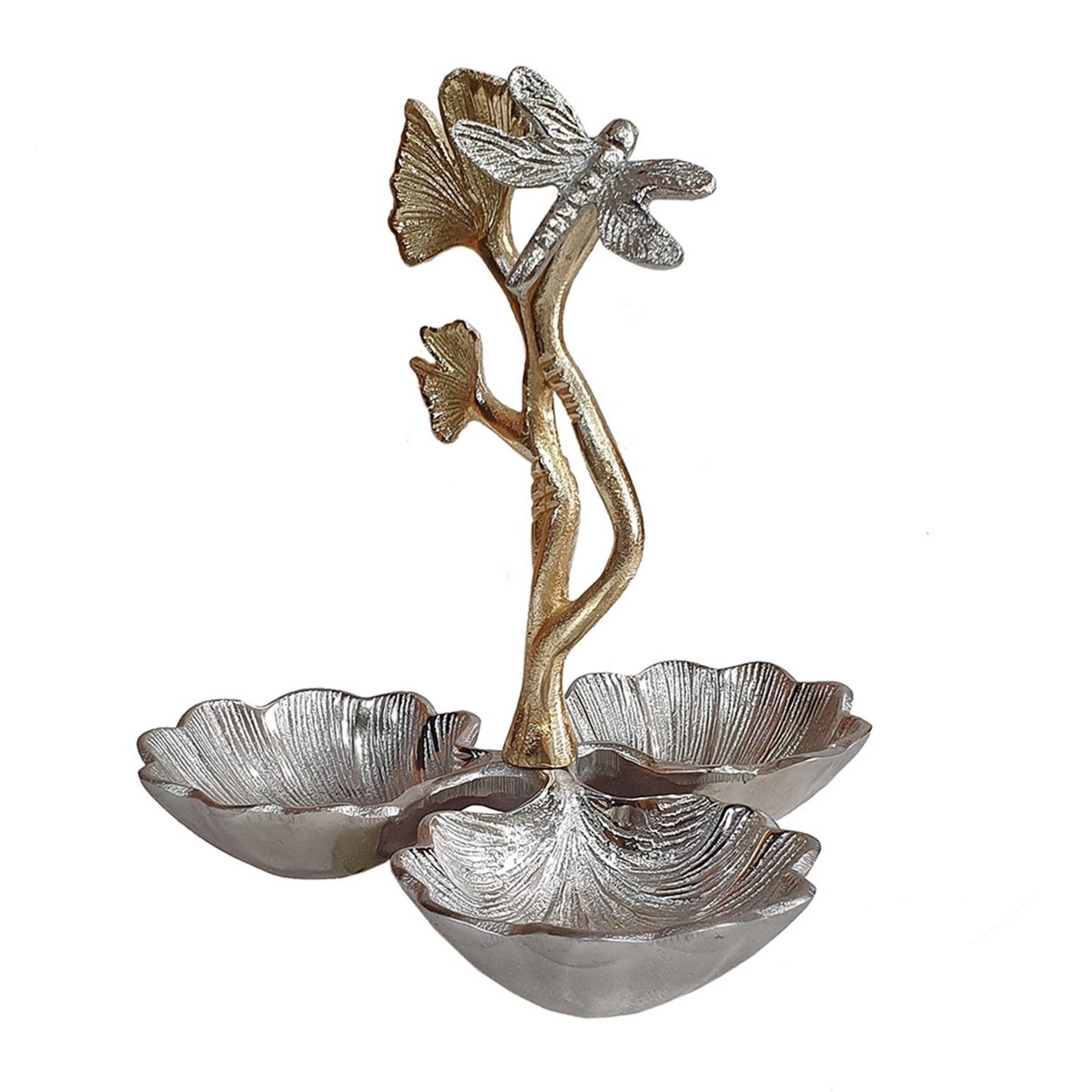 Keva 9 Inch Decorative Bowl, Curved Leaf Design, 2 Tone Gold, Silver Finish, Saltoro Sherpi