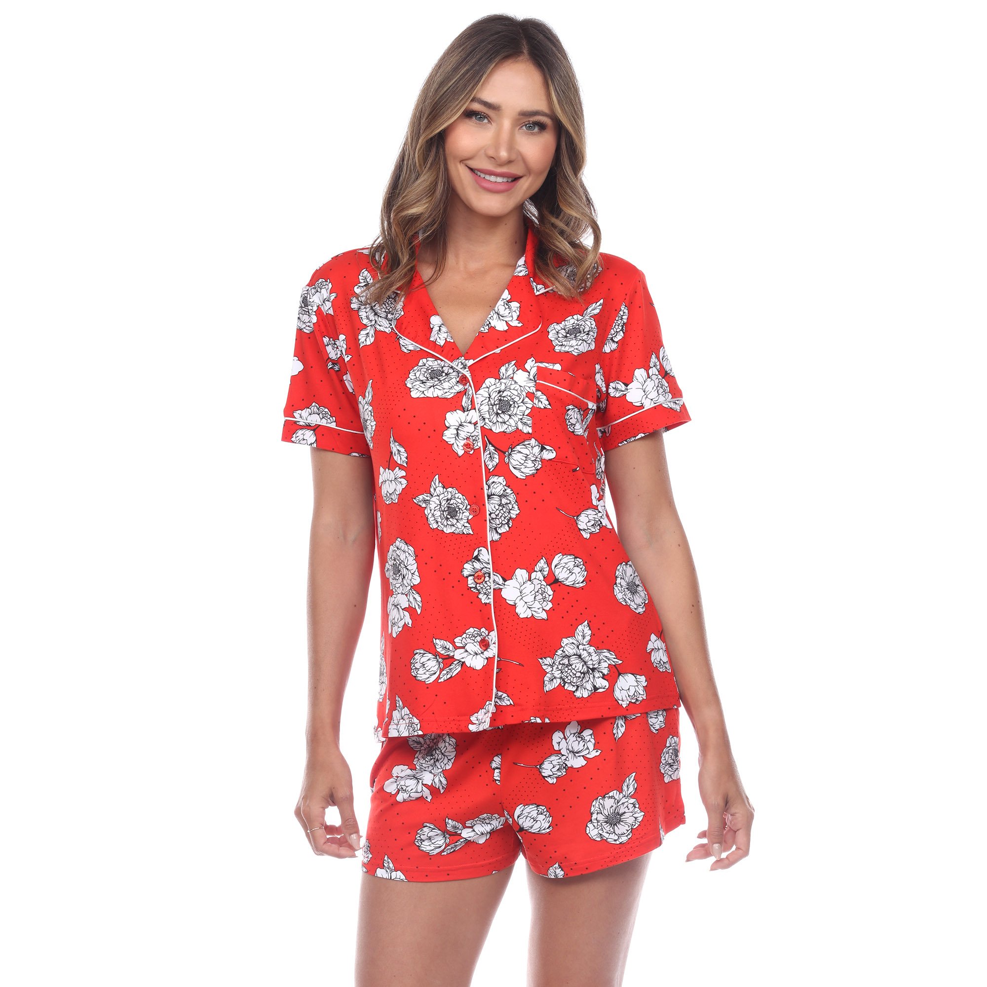 White Mark Women's Short Sleeve Floral Pajama Set - Red, Small
