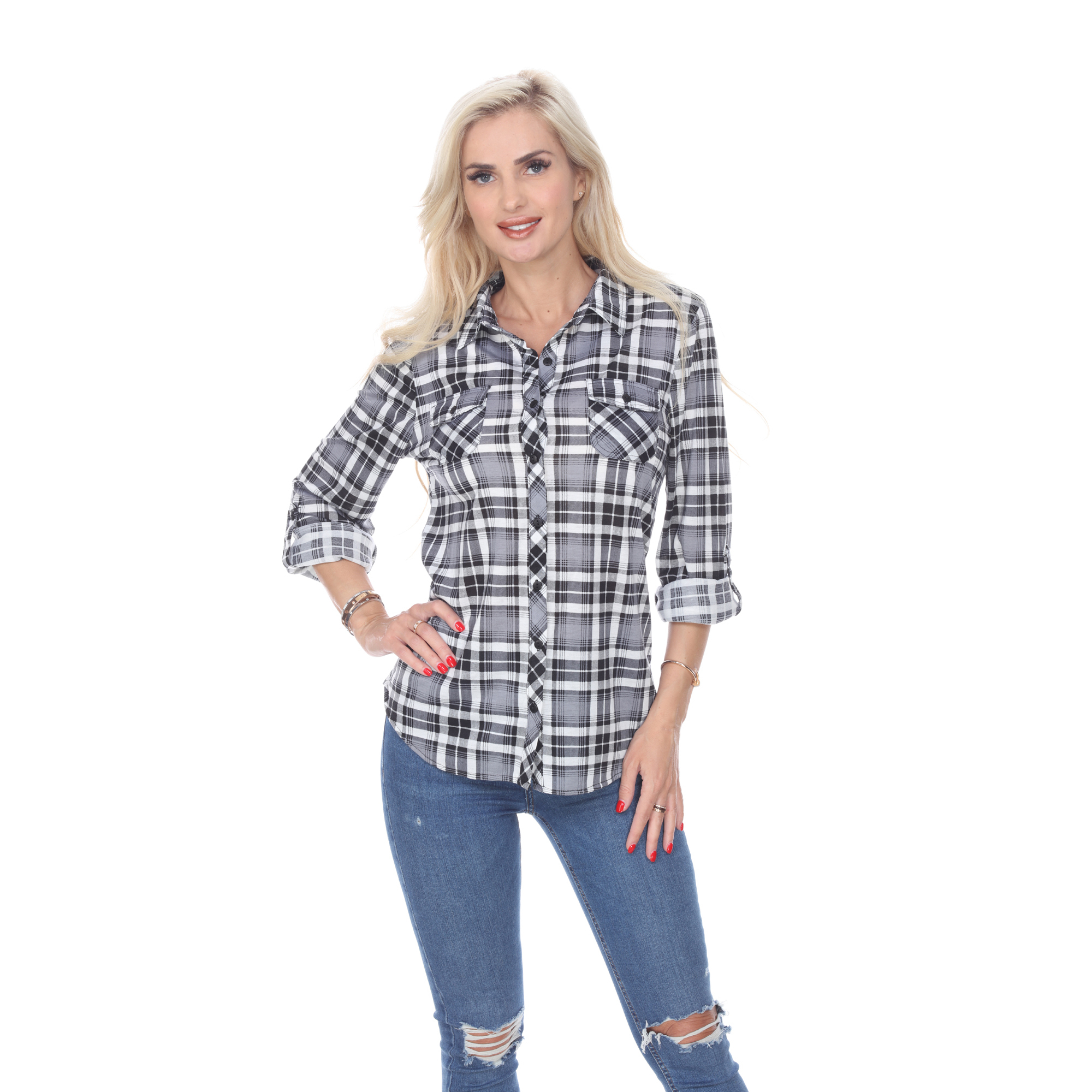 White Mark Women's Stretchy Plaid Flannel Shirt - Red/White, Small