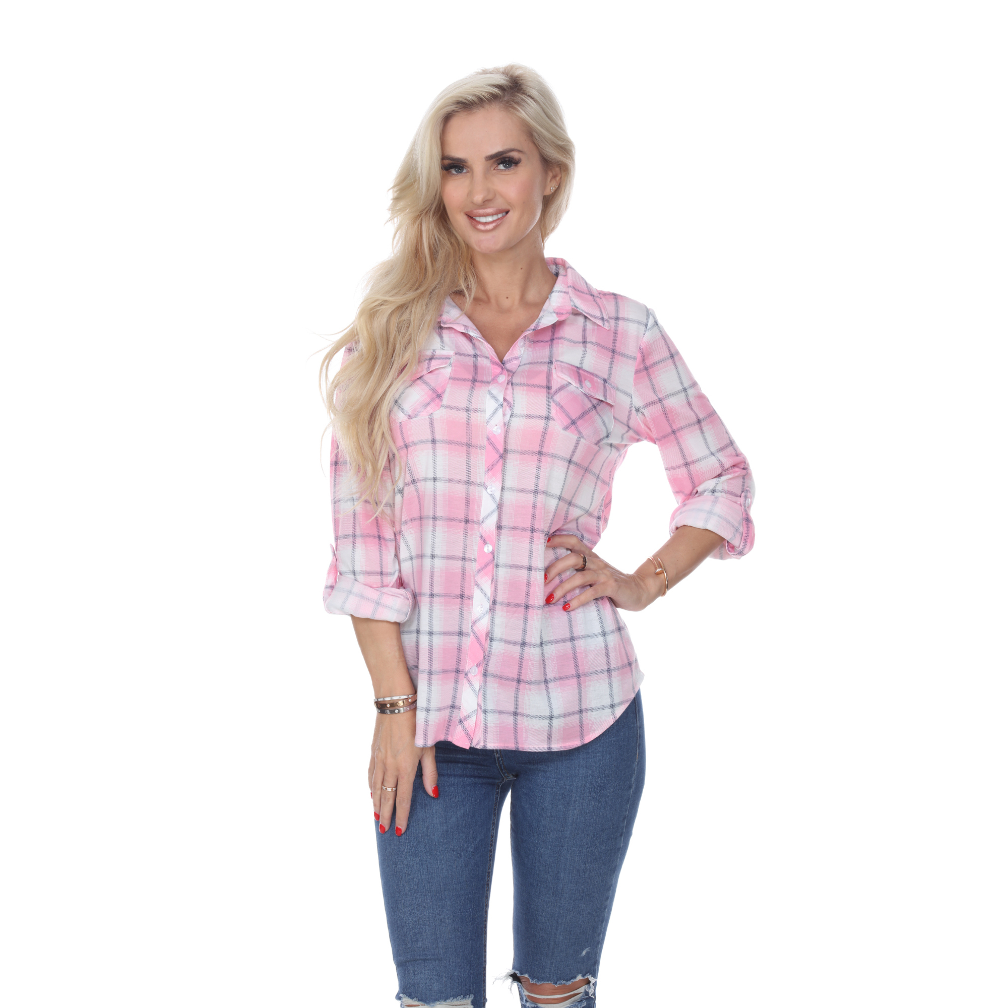White Mark Women's Stretchy Plaid Flannel Shirt - Pink/White, Small