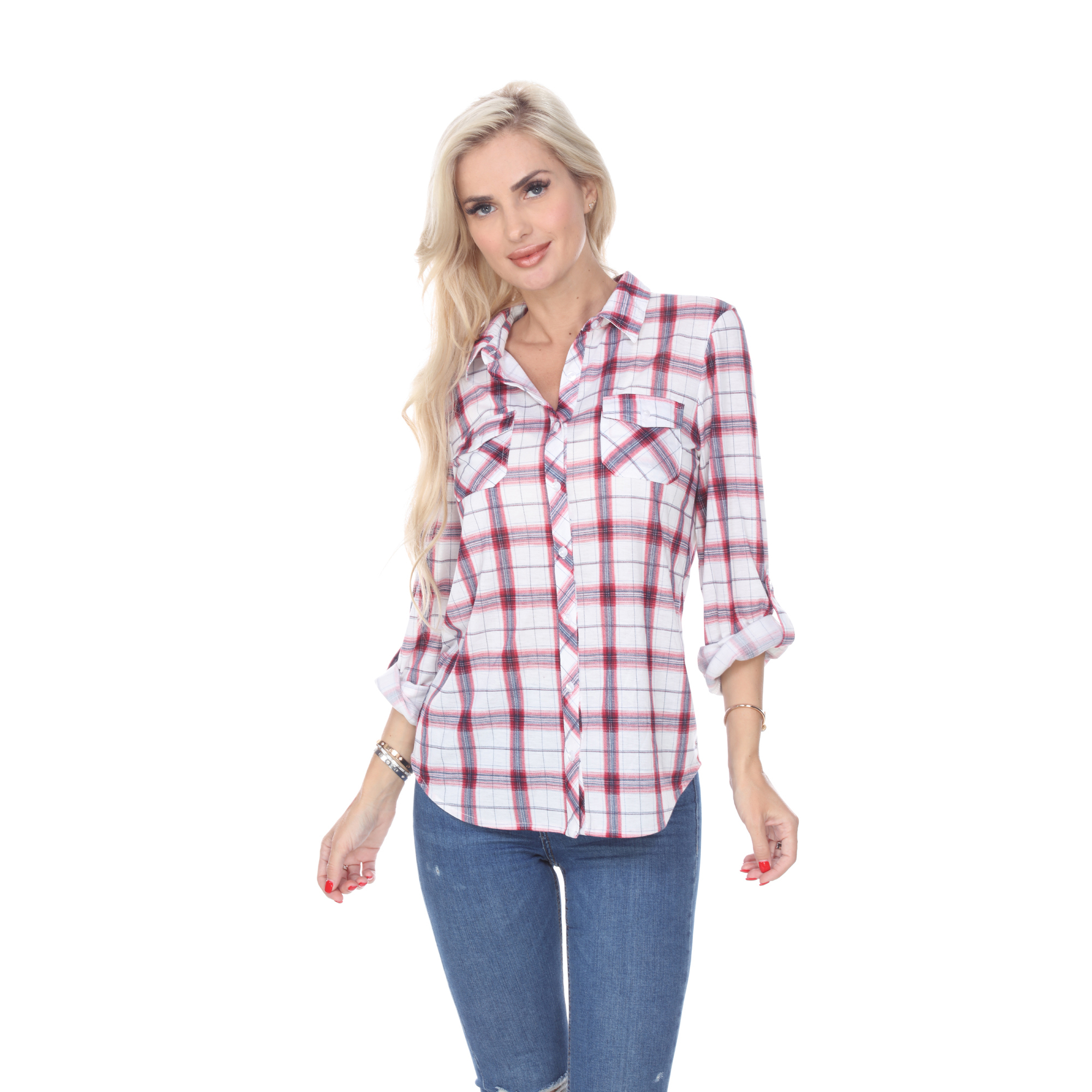 White Mark Women's Stretchy Plaid Flannel Shirt - Red/White, Small
