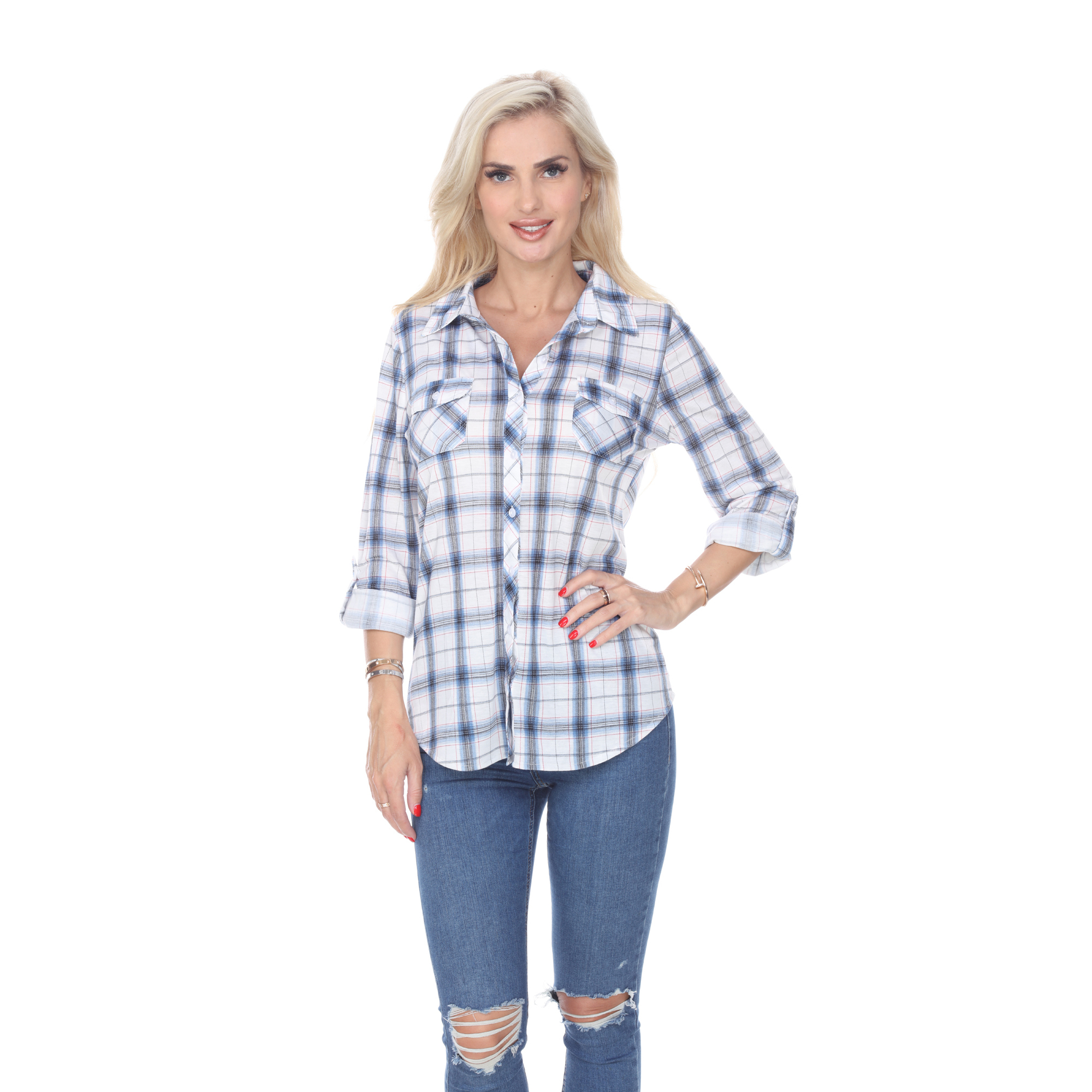 White Mark Women's Stretchy Plaid Flannel Shirt - Blue/White, X-Large