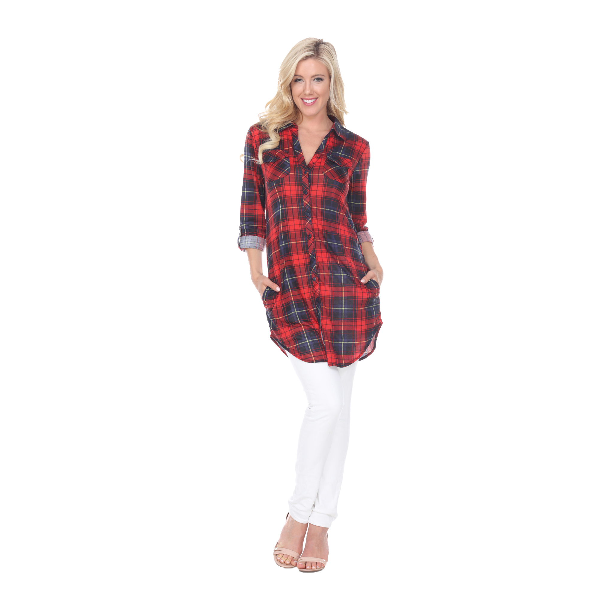 White Mark Women's Stretchy Plaid Flannel Tunic Top - Red/Black, Large