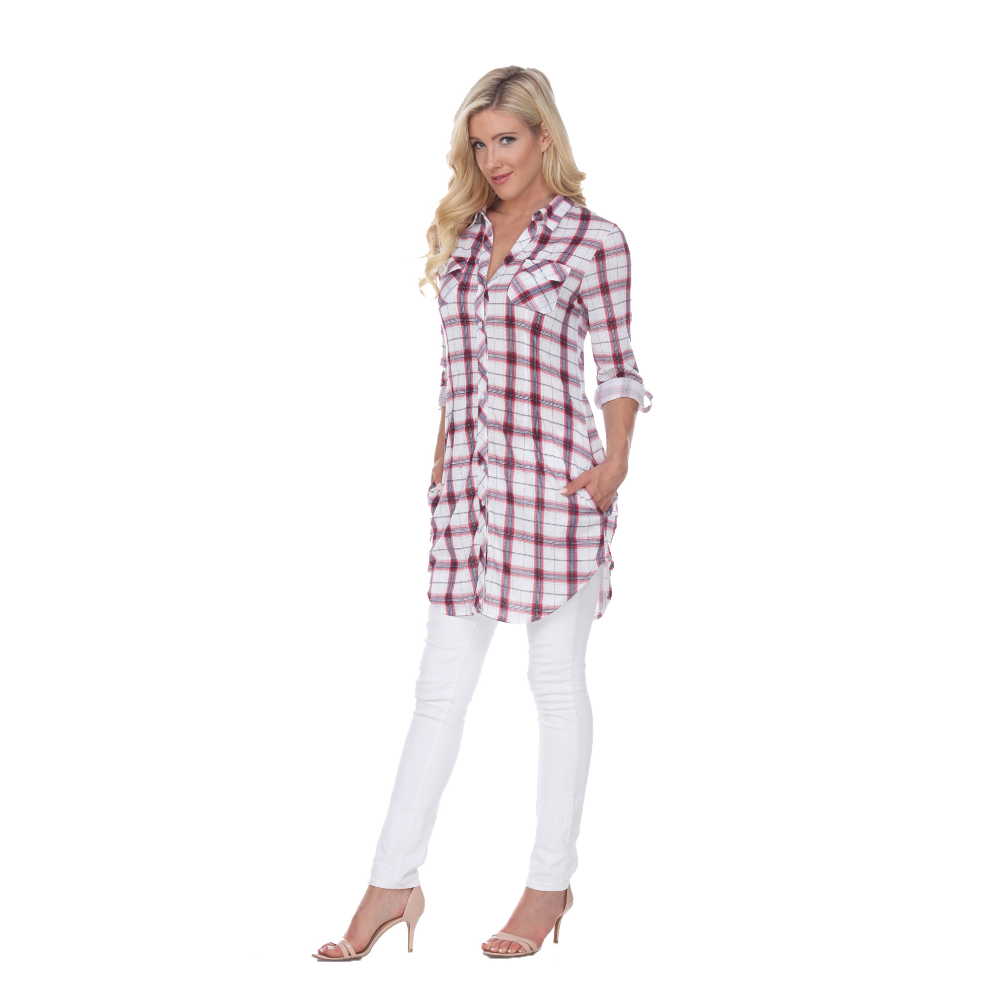 White Mark Women's Stretchy Plaid Flannel Tunic Top - Red/White, Large