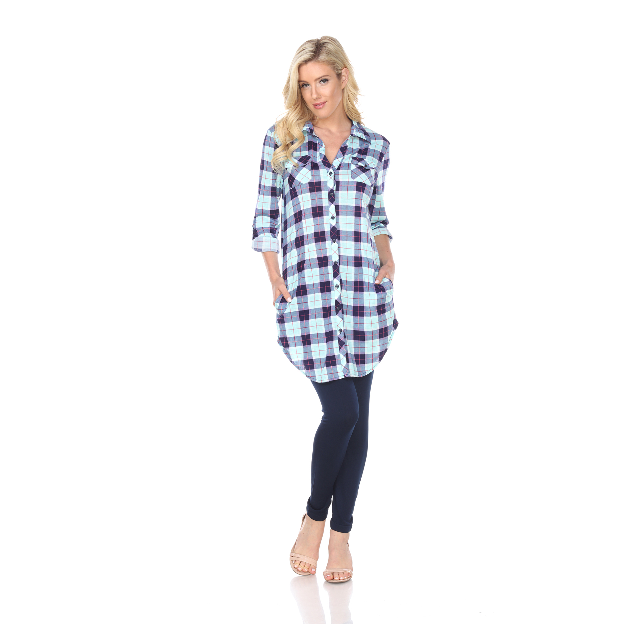 White Mark Women's Stretchy Plaid Flannel Tunic Top - Mint/Grey, Large