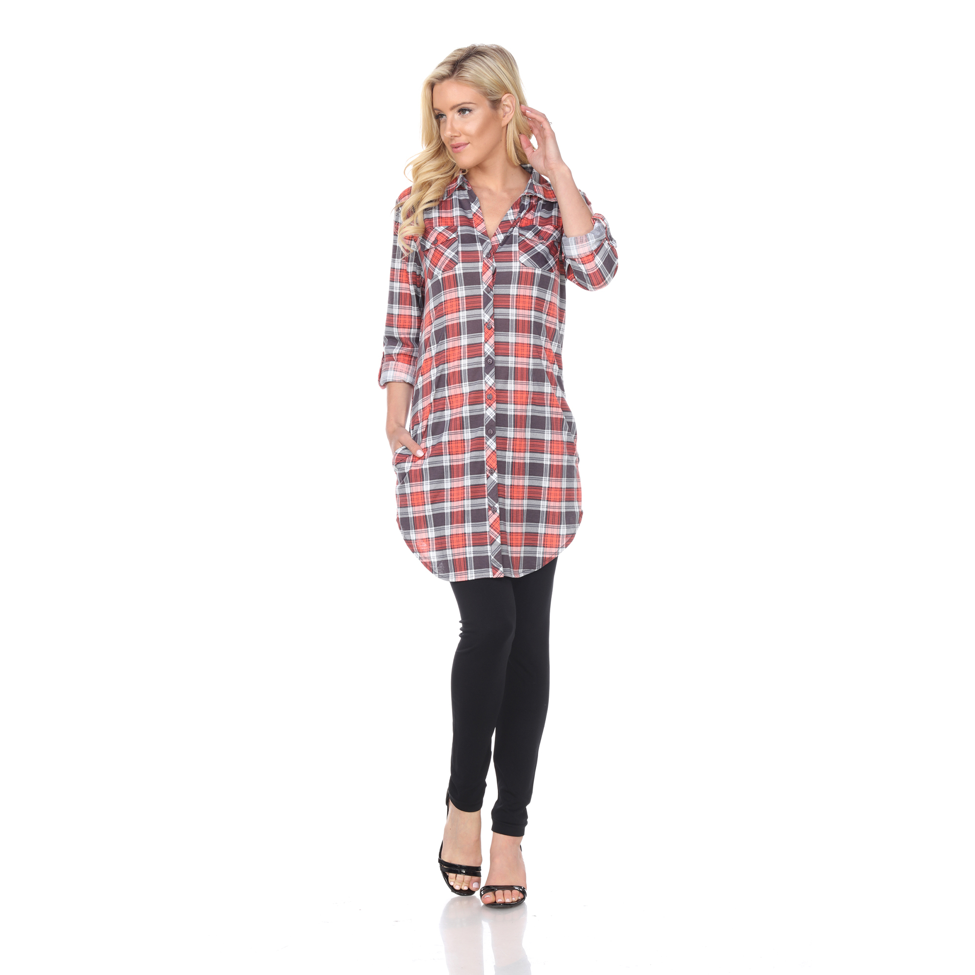 White Mark Women's Stretchy Plaid Flannel Tunic Top - Grey/Coral, Small
