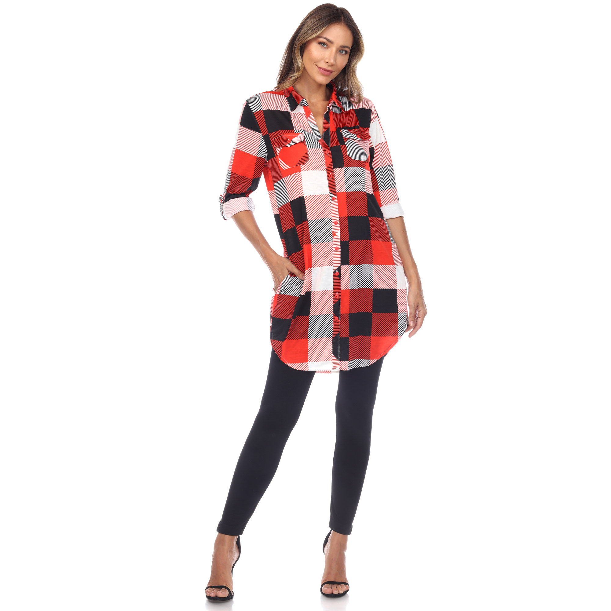 White Mark Women's Stretchy Buffalo Plaid Tunic Top - Blue/Brown, Large