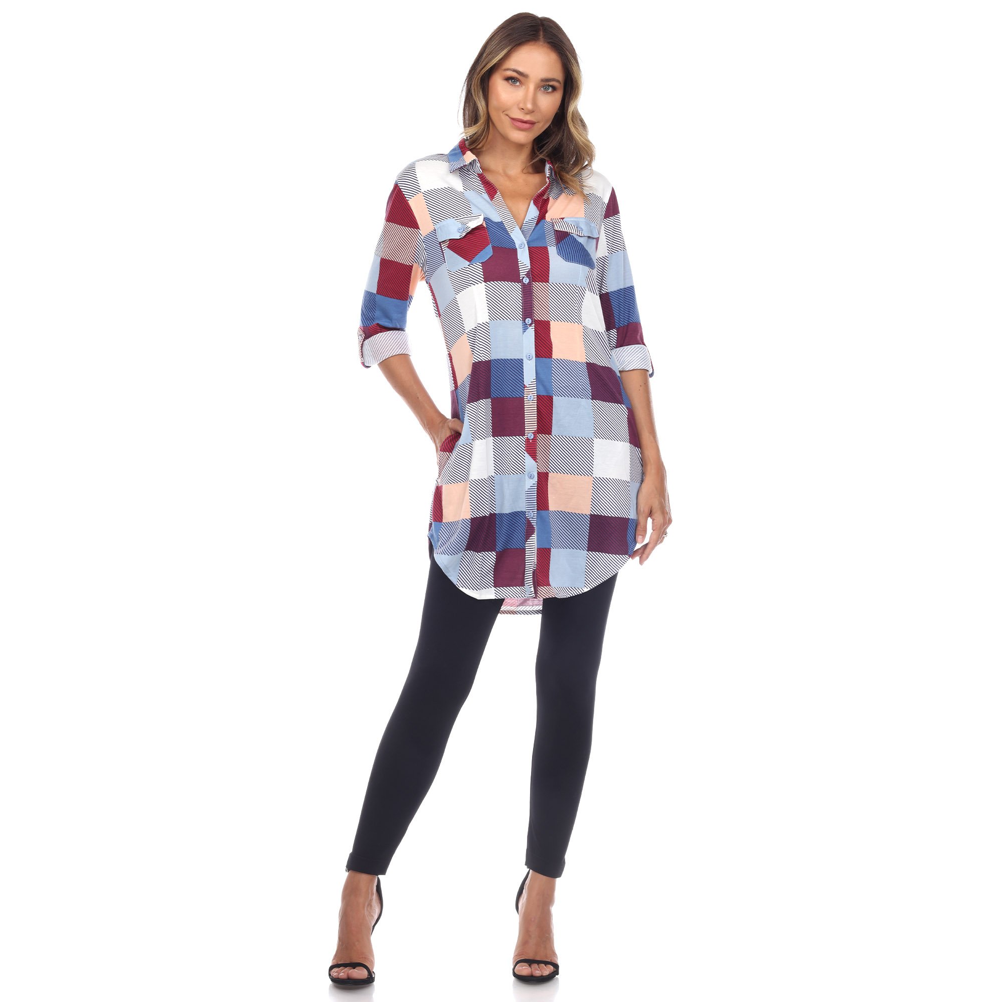 White Mark Women's Stretchy Buffalo Plaid Tunic Top - Red/Black, Small