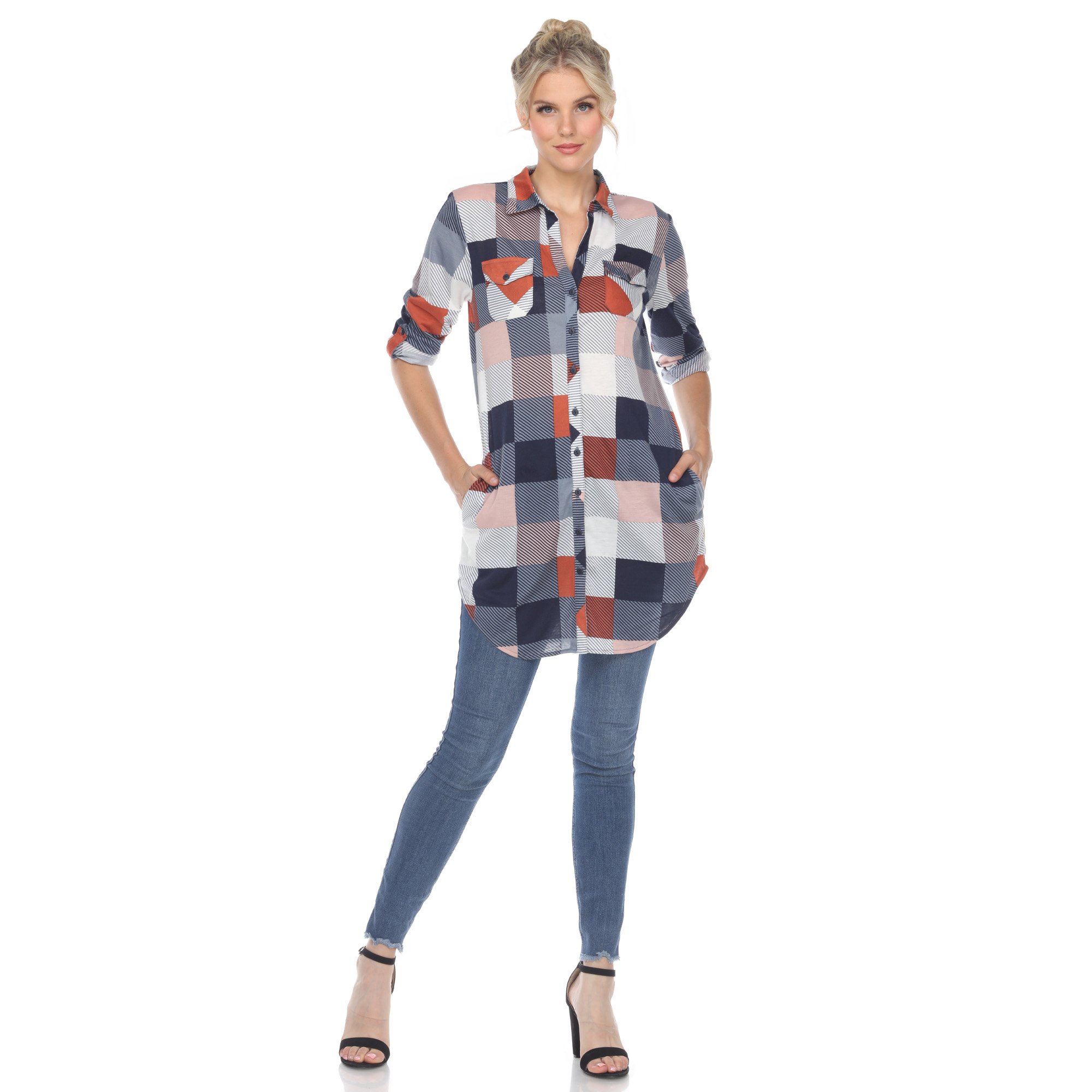 White Mark Women's Stretchy Buffalo Plaid Tunic Top - Blue/Brown, Small